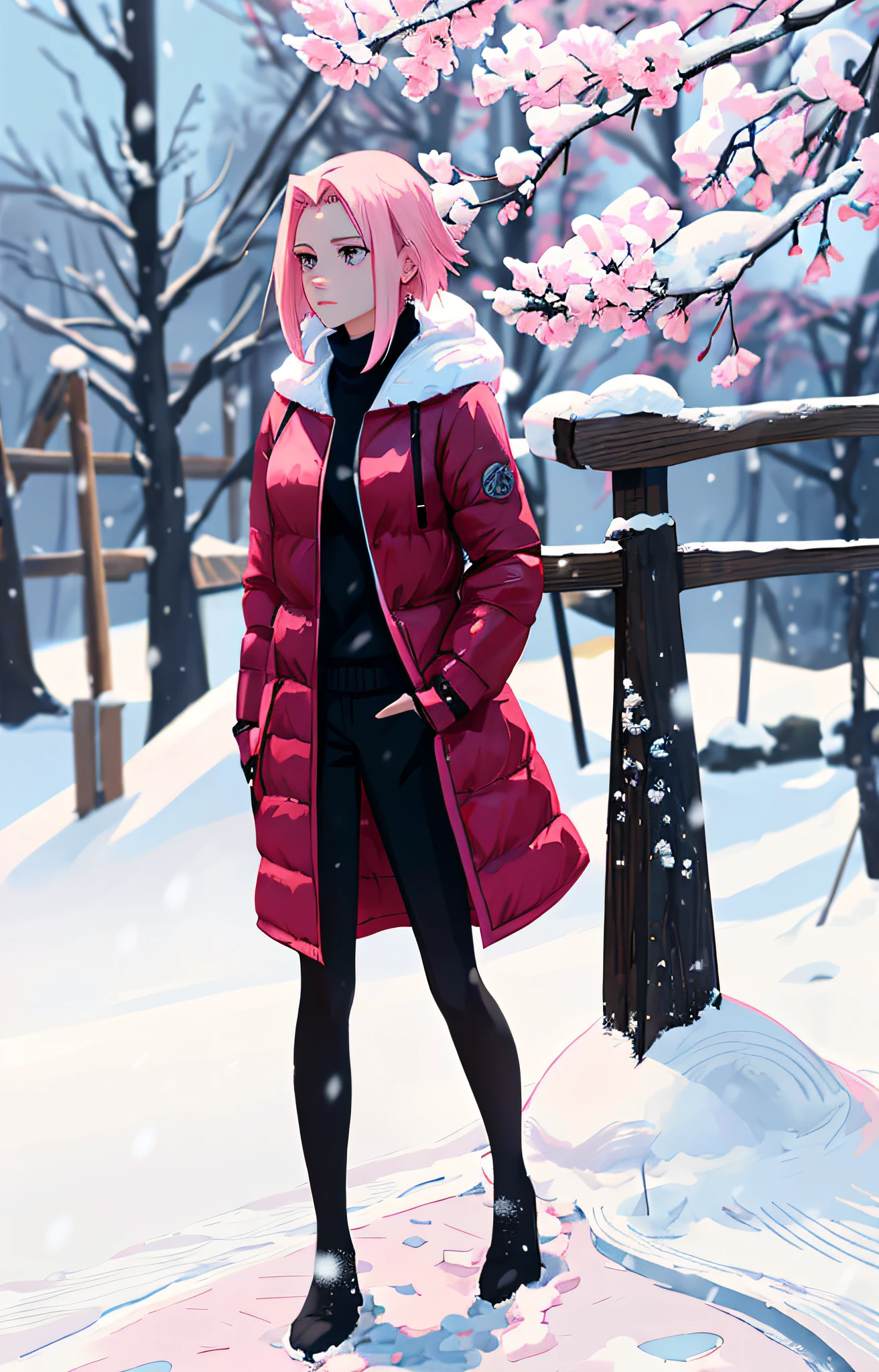 Sakura haruno, ((solo)), alone, ((forehead to show)), elegant,wearing black sweater, pink hair, delicate, young, short hair, detailed face, high definition, ((full body)), (snow around her), whole body, ((snowy day)), looking at the sky, she is a beautiful woman contemplating the snow, face with high quality, love