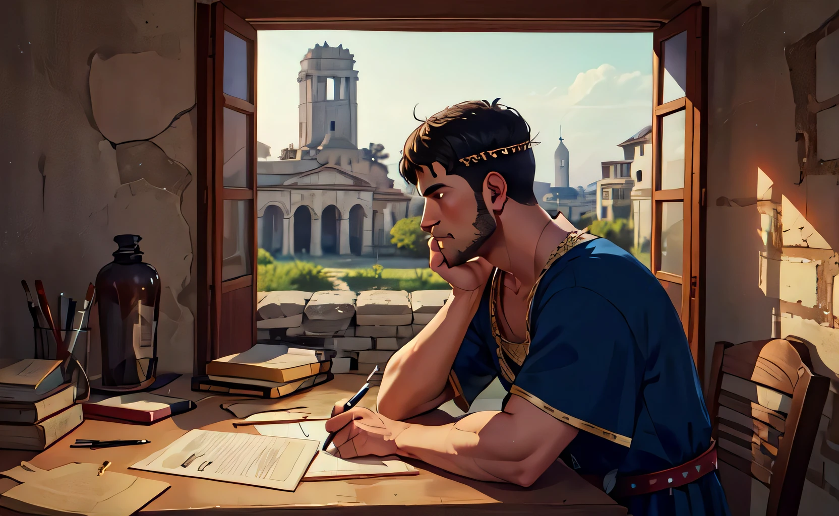 lofistudy, 1man, roman_clothes, laurel_crown, toga, roman empire, temple, stone, stone_wall, from side, writing, paper, window, roman empire background