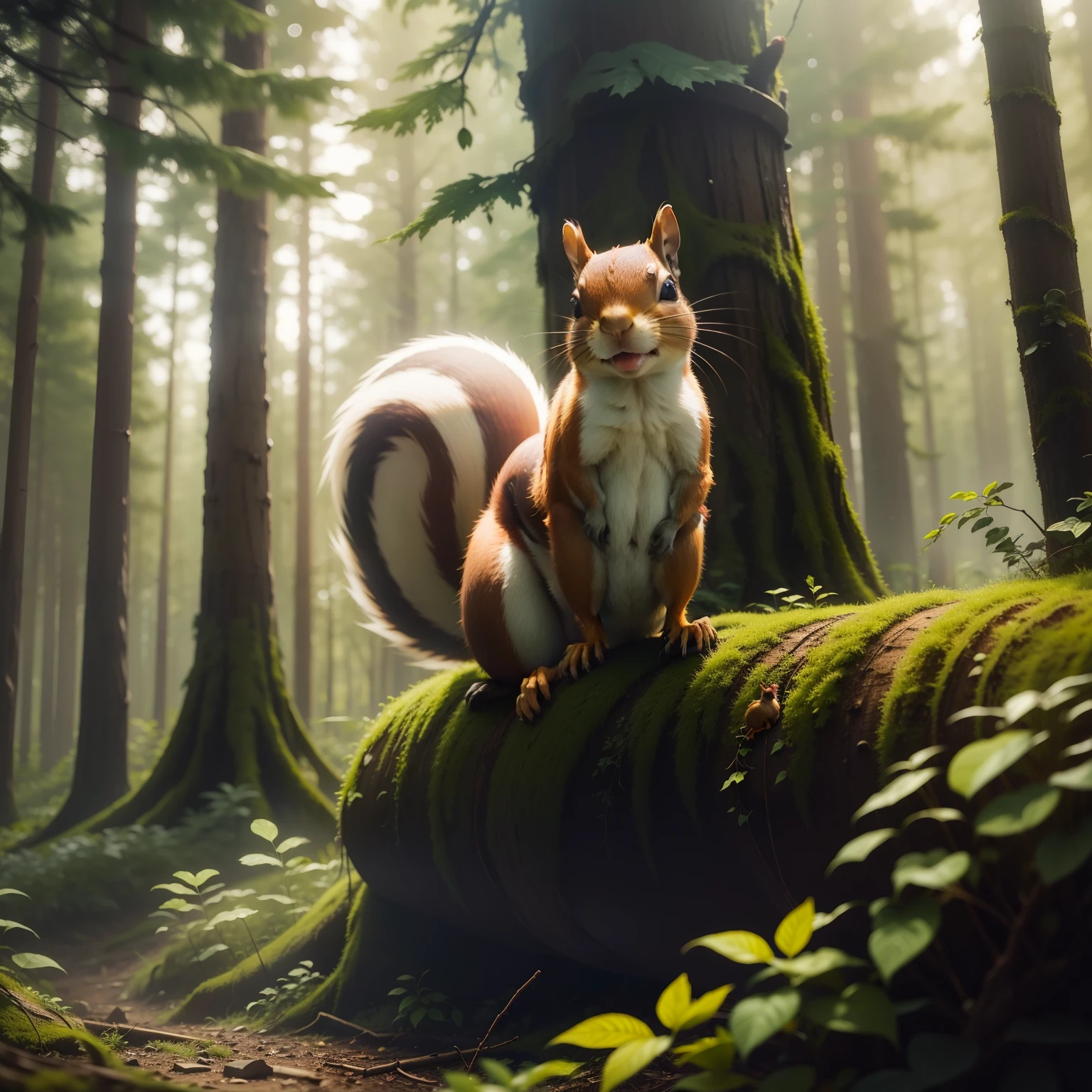 a small, furry squirrel with a long, bushy tail, looking up, (back view).