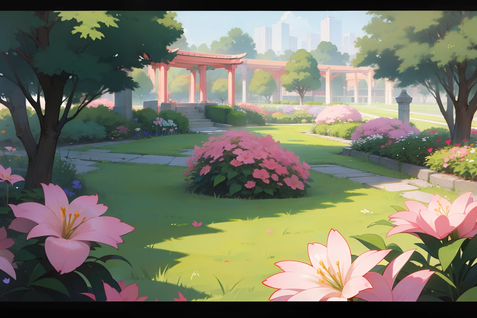 A yard all green, pink, flowers, anime style