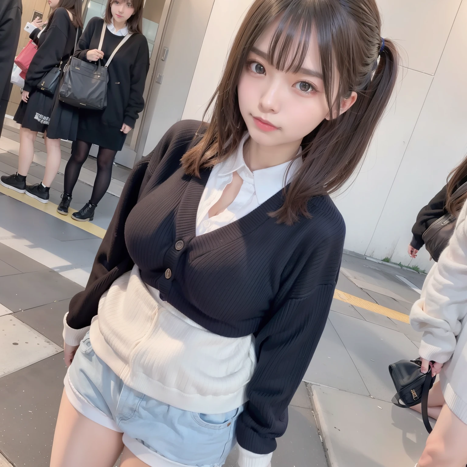 ((3Full body photo of a person))、street snap、童顔でmicro mini skirt履いて((expensive))sexy gal3I have a sister、(3 girls)、(japanese gal)、amazingly cute 、cat ear headband、skinny fit uniform、Winter clothes、Japanese school black uniform、(G-cup big breasts)、(The shirt opens at the chest, expose a lot of cleavage.)、surreal、wearing a navy blue uniform、Full body Esbian、nice skin、glowing skin、nice thighs、((long legs))、((wide thighs))、lifted up((micro mini skirt))、with garter、(patternless black knee high socks)、(((By everyone)(I always wear black garter knee socks that reach above my knees.)))、(I'Iはとてもハイヒールを履いています)、Nogizaka Idol、korean idol、Invite you inside、Eyes that invite、smile
