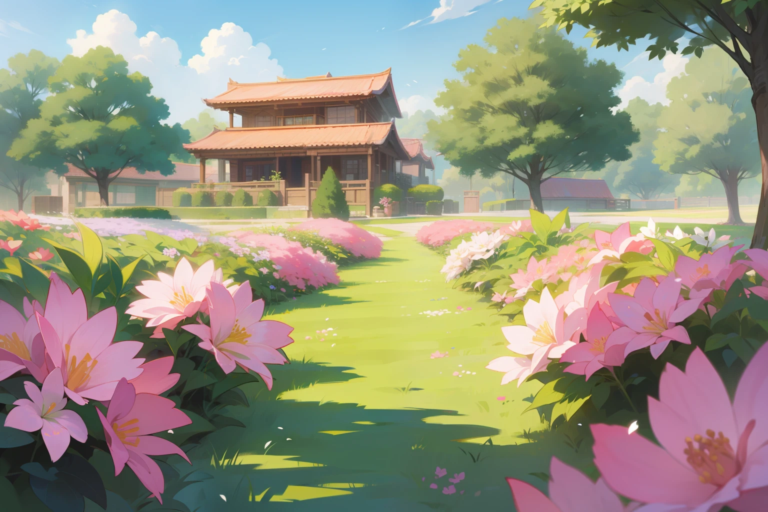 A yard all green, pink, flowers, anime style