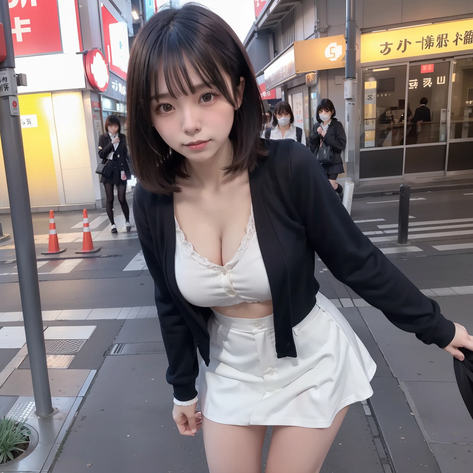 Cleavage is visible,a miniskirt,Streets of Tokyo,A dark-haired,short-hair