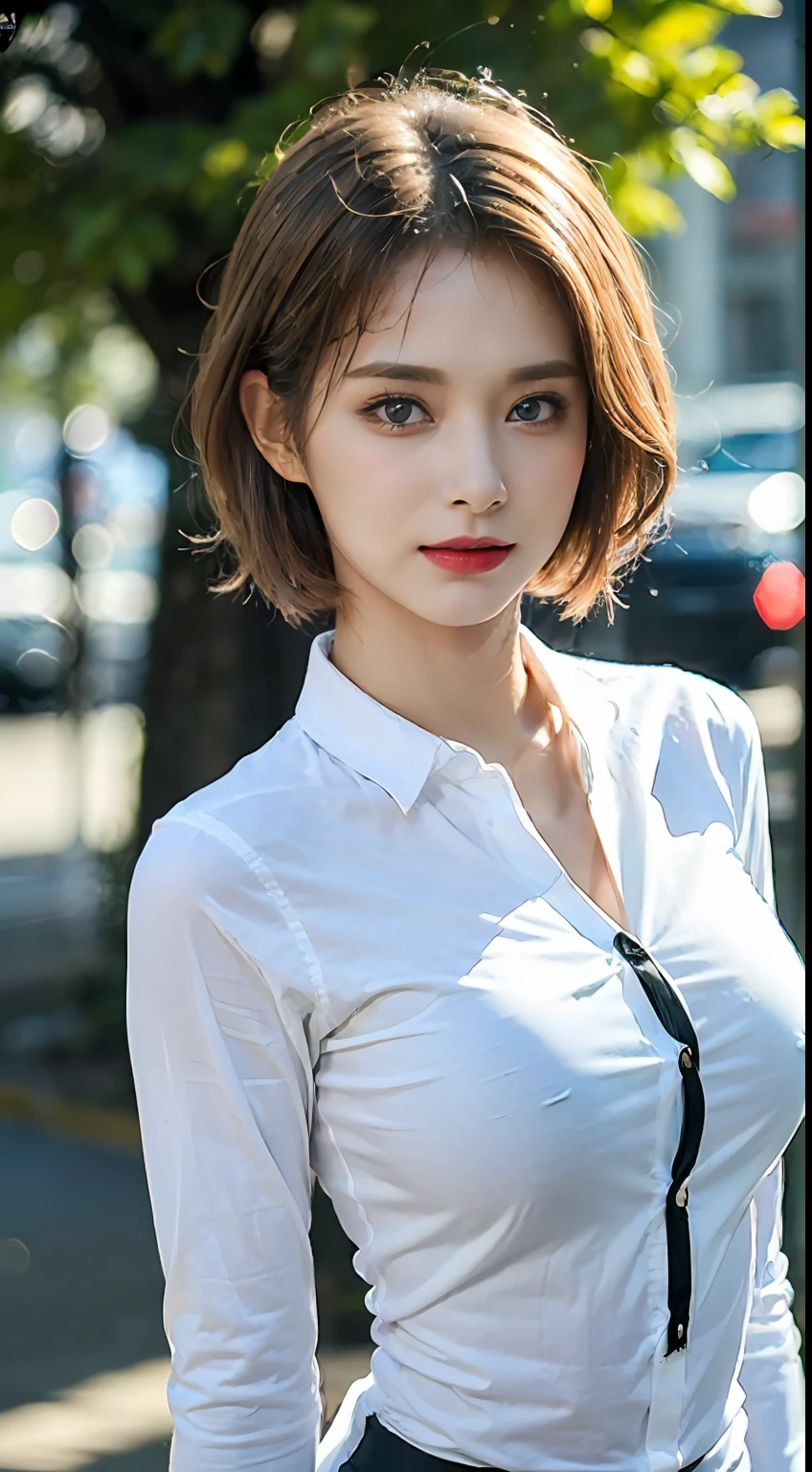 ((Best quality, 8k, Masterpiece :1.3)), Sharp focus :1.2, A pretty woman with perfect figure :1.4, Slender abs :1.2, ((Layered haircut, Big breasts :1.2)), (Wet white button up long shirt :1.1), (Rain, Street:1.2), Wet body :1.5, Highly detailed face and skin texture, Detailed eyes, Double eyelid