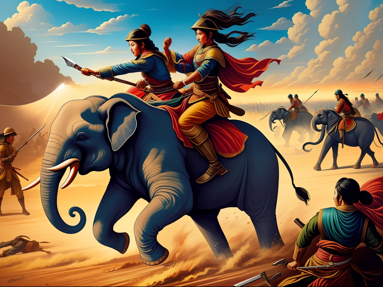 A painting depicting the heroic battle of two women::, each riding on an elephant::, against the Eastern Han Chinese army. Use vibrant and lively colors to convey their resolute spirit and courage, alongside the Vietnamese soldiers, in the heat of the battle. Craft a dynamic image of the battlefield, employing the interplay of light and shadows to evoke a sense of both heroism and desperation in the scene.