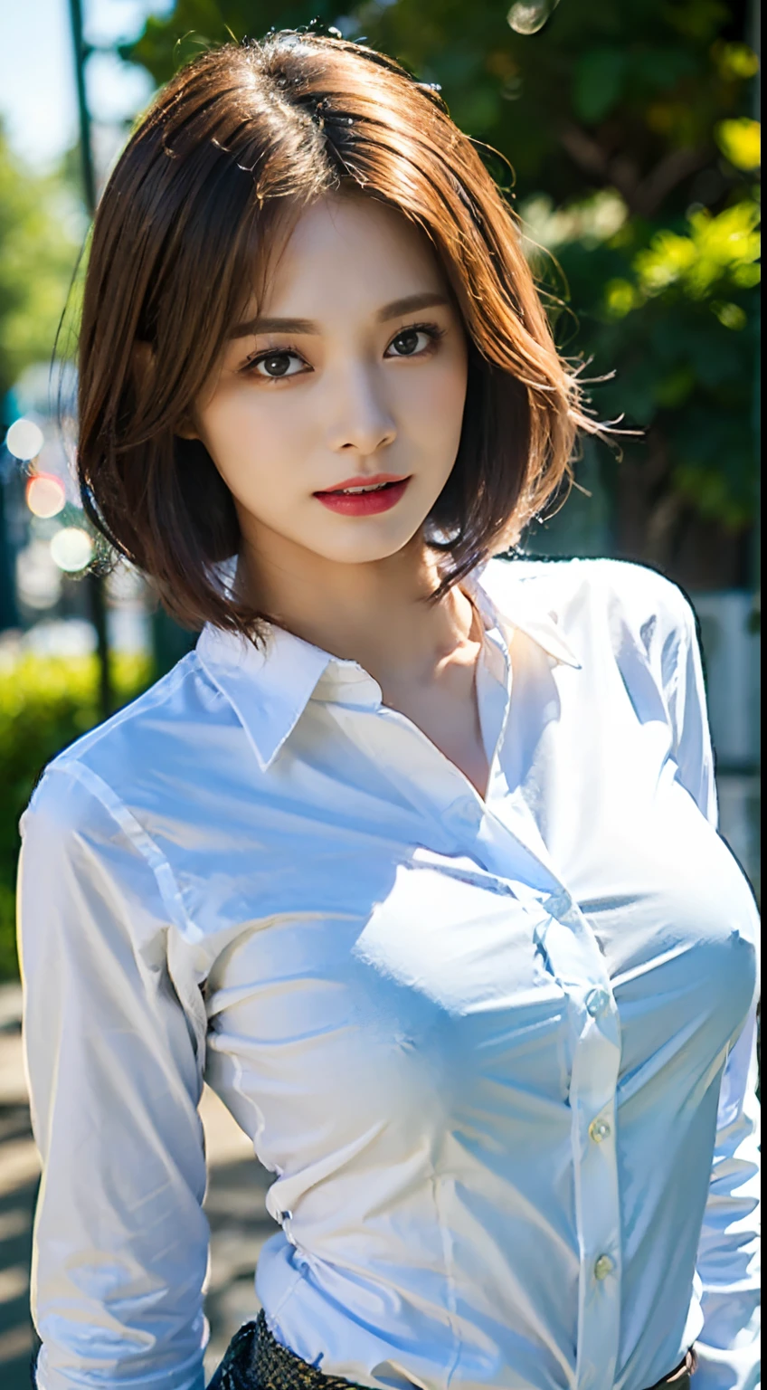 ((Best quality, 8k, Masterpiece :1.3)), Sharp focus :1.2, A pretty woman with perfect figure :1.4, Slender abs :1.2, ((Layered haircut, Big breasts :1.2)), (Wet white button up long shirt :1.1), (Rain, Street:1.2), Wet body :1.5, Highly detailed face and skin texture, Detailed eyes, Double eyelid
