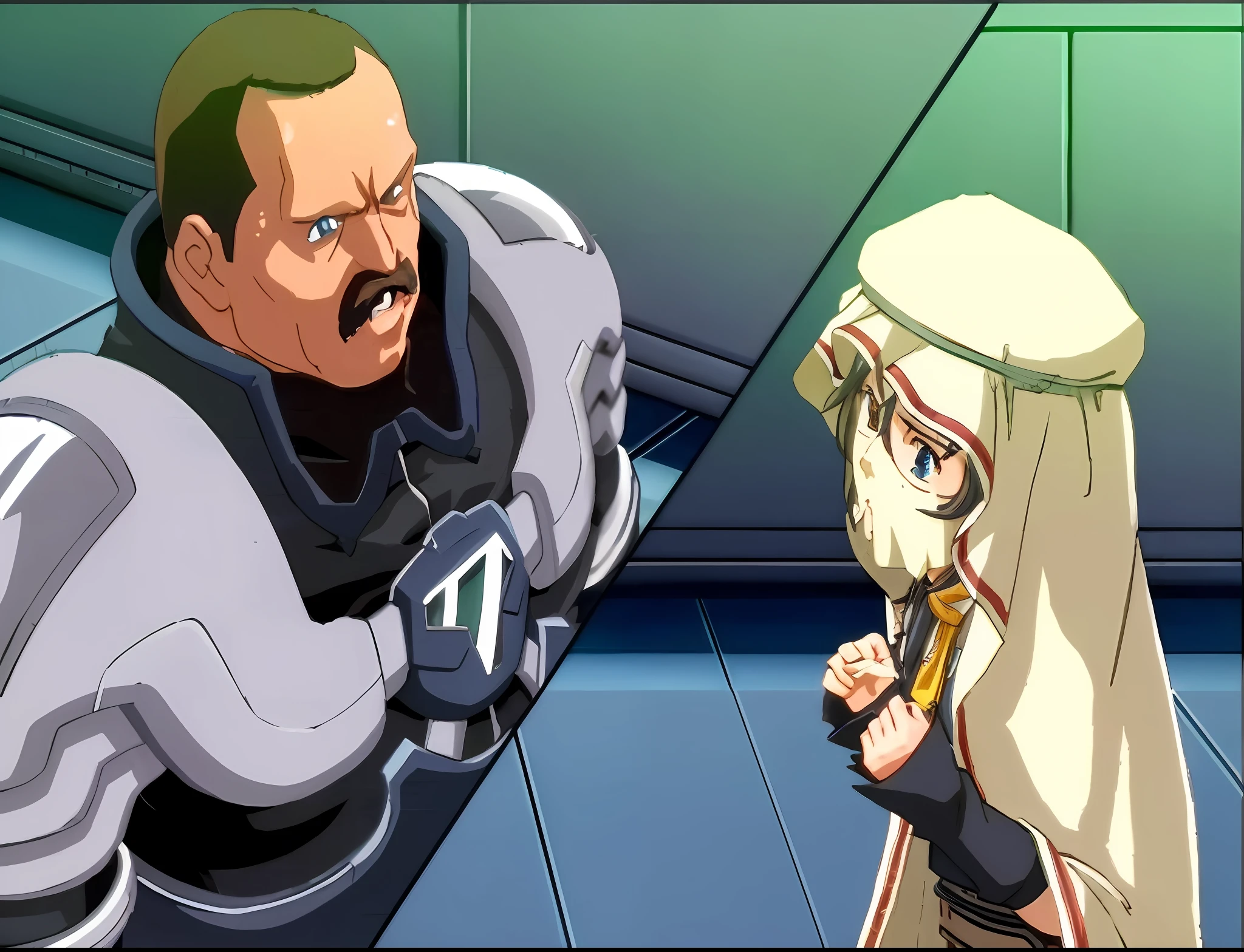 anime characters in a room with a wall and a floor, estilo anime gainax, Captura de tela do filme de anime, medium shot of two characters, Confronto-se num duelo, 000 batalha, estilo de arte guilty gear, Krenz Cushart e Asher Duran, super robot wars, Luta de anime, captura de tela de um anime de 2012, cutscene