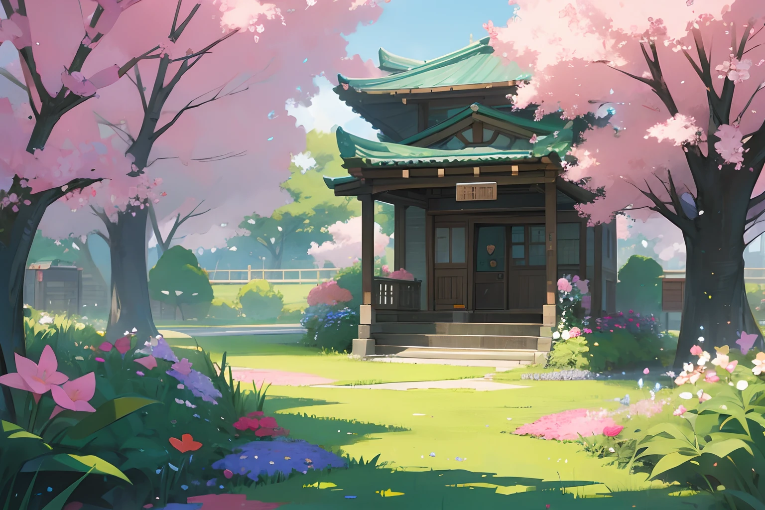 A yard all green, pink, flowers, anime style