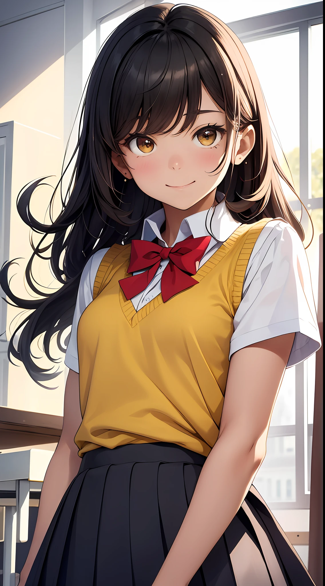 Draw a charming and authentic scene depicting a young black character dressed in a school uniform. Ela tem cabelos curtos e negros, com um toque especial: a vibrant red bow adorning her hair on the side. His brown eyes radiate calm and sweetness, combinando perfeitamente com suas bochechas levemente coradas.
She wears a yellow sweater vest that stands out over her white-collared shirt. An elegant red bow tie is perfectly fitted under the collar of the shirt. His face is expertly made up, enhancing her natural beauty and her slightly pink cheeks;. A friendly and engaging gaze is directed at the observer, Creating an instant connection.
Posicionada ao ar livre, She is under a blue sky full of soft clouds, criando uma atmosfera serena. His arms rest gently beside his body, adding a touch of vulnerability and cuteness to the pose. The space around him is believed to highlight his graceful presence.
Ao fundo, The details of the school uniform blend harmoniously with his captivating expression. The yellow vest adds a touch of color and personality to your appearance. His cheerful expression and warm gaze convey a sense of closeness, as if she's ready to share a genuine moment with those who watch her.