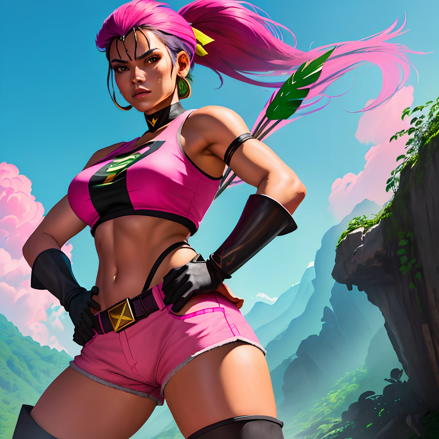 in the midst of so much destruction, a young heroine of indigenous appearance called super amazonian appeared, she wears black gloves and boots, pink shorts, pink top with some drawn tropical leaves, pink headband with some drawn tropical leaves, green bracelet and holds a bow and arrow in your hands