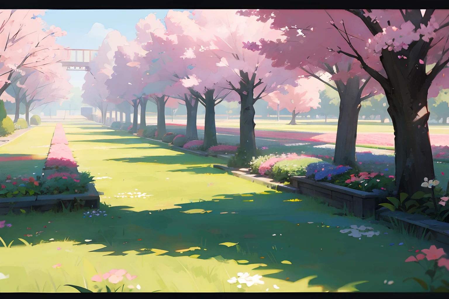 A yard all green, pink, flowers, anime style