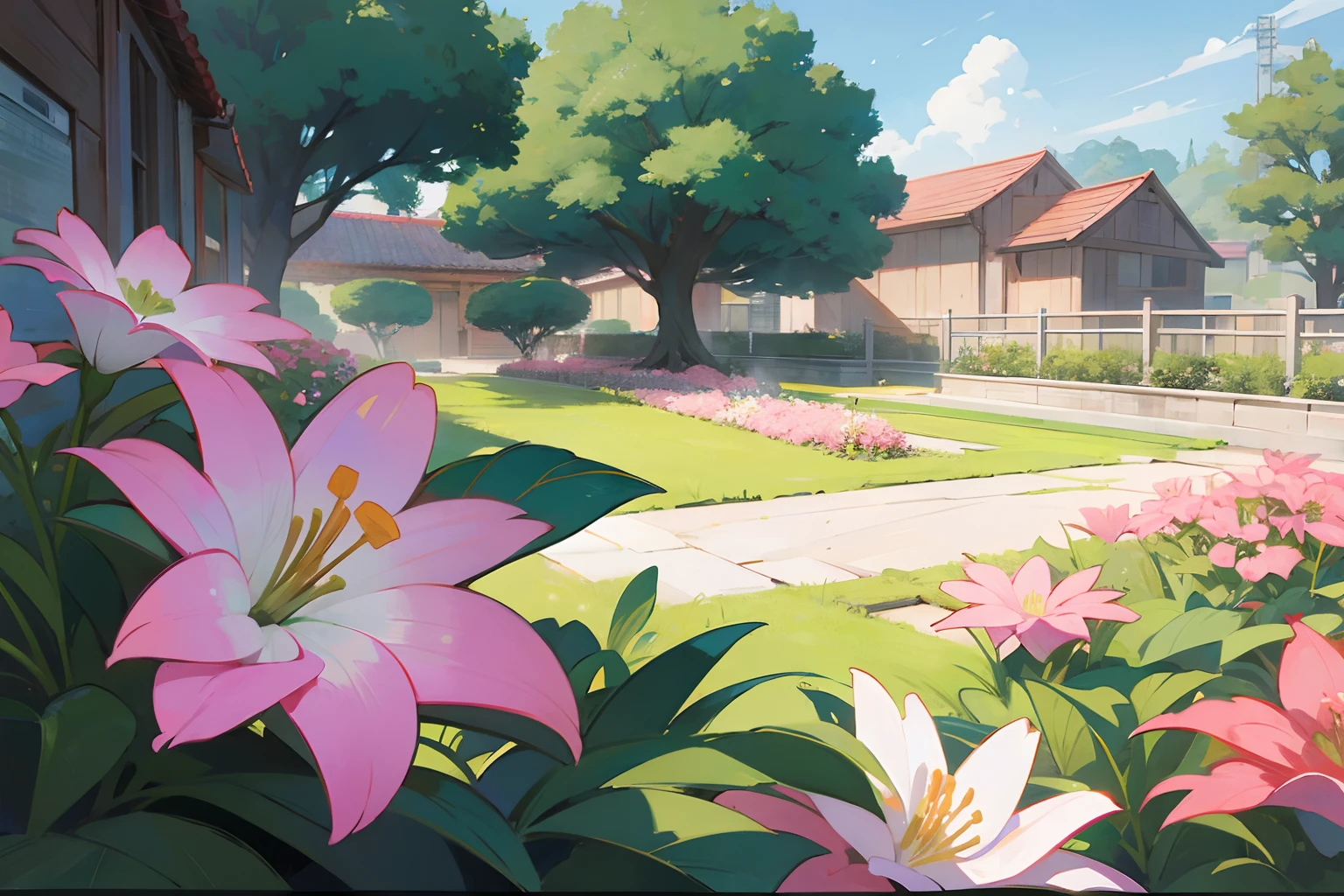 A yard all green, pink, flowers, anime style