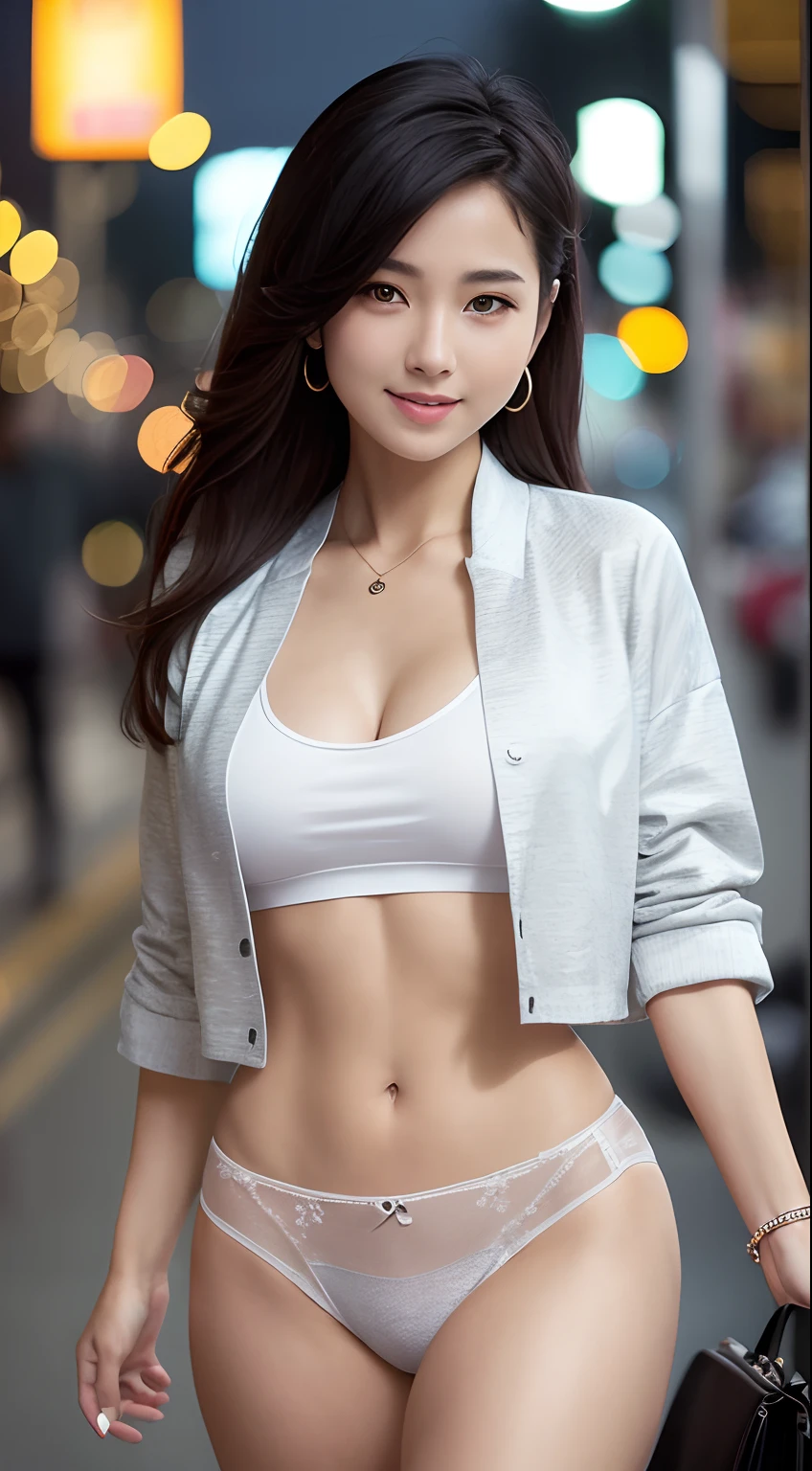 (8k, best quality, masterpiece:1,2), (realistic, photo-realistic:1,37), top quality, masterpiece, a beautiful woman, wearing a shirt for women crop v neck top white t-shirt korean fashion women t with a tight open gray color jacket, beautiful and toned body, cleavage, floral mini skirt, walking in the suburbs, slightly drizzling night background, in shops with Korean-style shop lights, night atmosphere, slightly wet asphalt, seductive smiles with dimples,