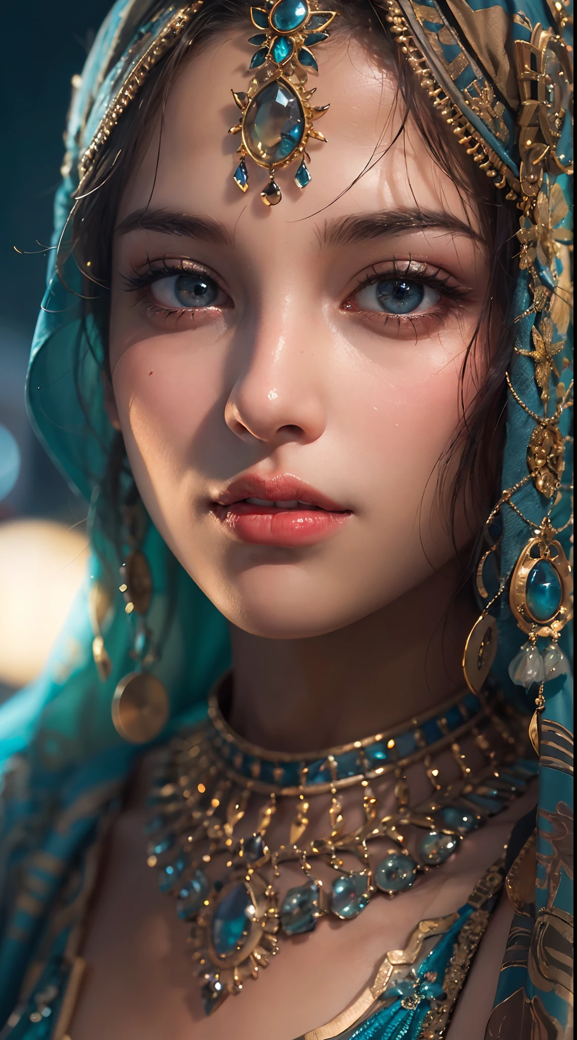 (In perspective) superb, Perfect straight hair at 23 years old, Long toe to toe and loose, Silky skin (Oil Lighting), Perfect detailed face, Detailed perfect eyes, fleshy lips, Egyptian Hijab, perfect body, jewelry & bracelets (Realistic Photos:Realistic Photos, تحفة 8K), With a blue and white Egyptian dress, Black fabric, ((blurry background)), ((hyperrealistic:Realistic complex details)), Smileing: Sensory feature, (Texture and environment are well detailed, Pure perfect lighting), SFW