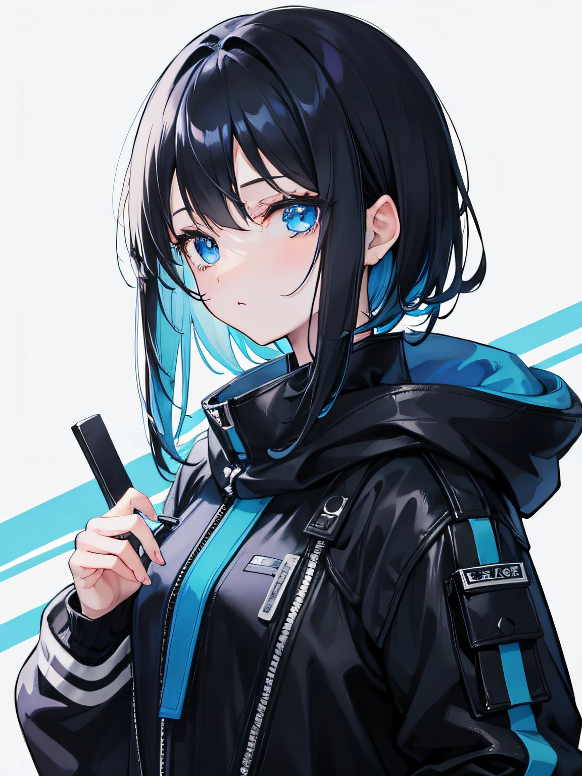 girl Black hair, blue highlights, blue eyes.