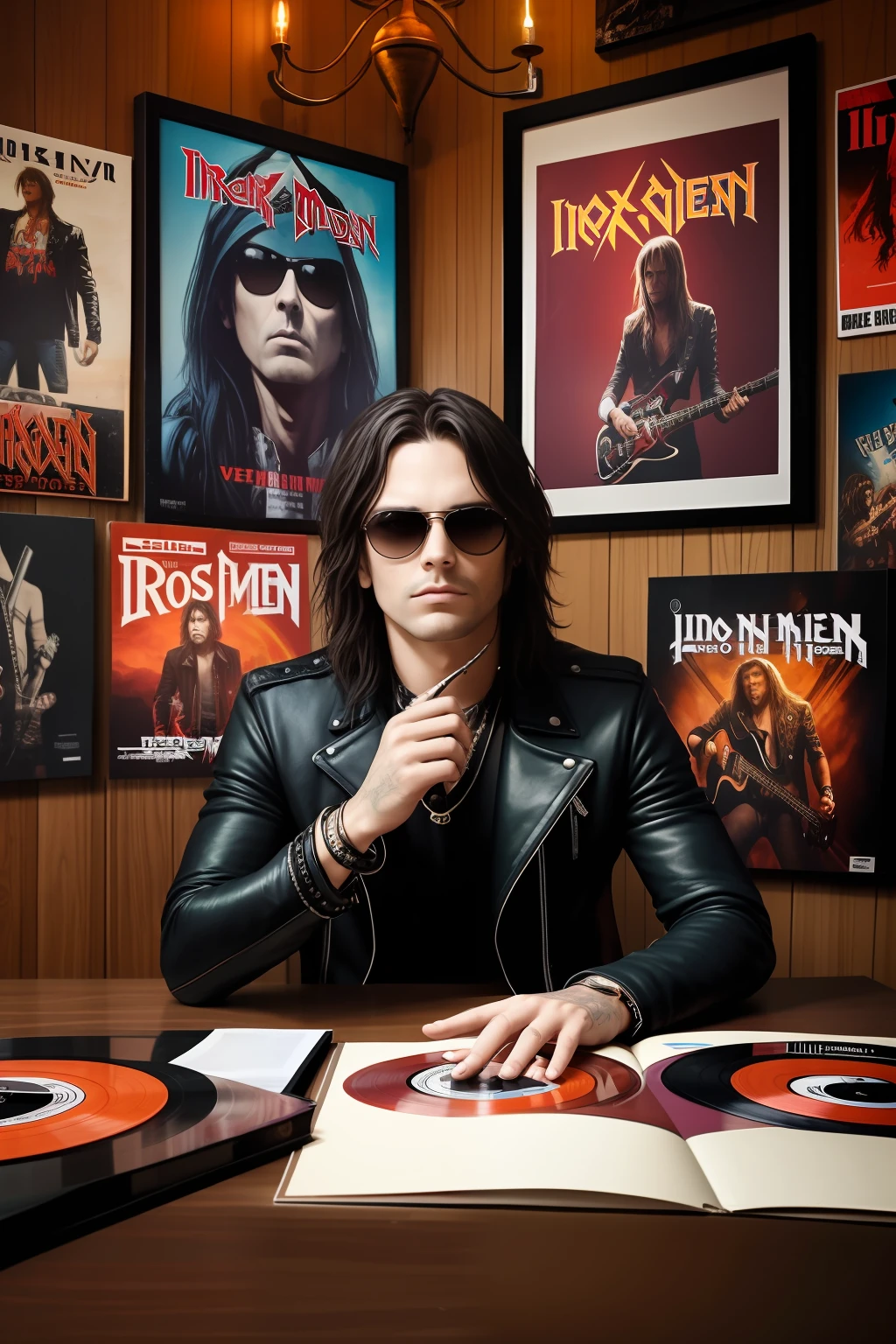 [Rockstar sentado mirando de frente, con casaca de cuero, lentes de sol negros, pelo largo despeinado, polo azul, fondo de stand de vinilos, Iron Maiden books and posters], [A detailed description of a scene featuring a rockstar seated and gazing directly at the viewer. The rockstar is clad in a stylish leather jacket that exudes an air of rebellion. Their long and disheveled hair carries an edgy charm, and a pair of sleek black sunglasses adds a touch of mystery to their look. A blue shirt provides a pop of color and complements the rockstar's laid-back attitude.], [The backdrop of the scene is a vintage stand filled with an array of vinyl records, books, and memorabilia. Classic rock albums are prominently displayed, reflecting the rockstar's passion for music history. Among the collection, a poster of Iron Maiden catches the eye, paying homage to iconic bands that have shaped the rock genre. The stand is bathed in warm and nostalgic lighting, creating an inviting atmosphere.], [The rockstar's posture is relaxed yet captivating, drawing the viewer in with their charismatic presence. Their direct gaze exudes confidence, hinting at a life filled with exhilarating performances and unforgettable moments. The combination of leather, long hair, and sunglasses encapsulates the essence of rock 'n' roll aesthetics.], [The mood of the scene is one of coolness, nostalgia, and rockstar allure. The rockstar's outfit and surroundings evoke a sense of timelessness and a connection to the roots of rock music. The presence of vinyl records and the Iron Maiden poster convey a deep appreciation for the genre's history. The scene aims to capture the spirit of a rockstar's life, offering a glimpse into their world of music, passion, and individuality.], [Photography (Music style) captured by a skilled photographer with expertise in rock music portraiture. The photographer uses lighting and composition to accentuate the rockstar's style and the ambiance of the vinyl stand. The warm li