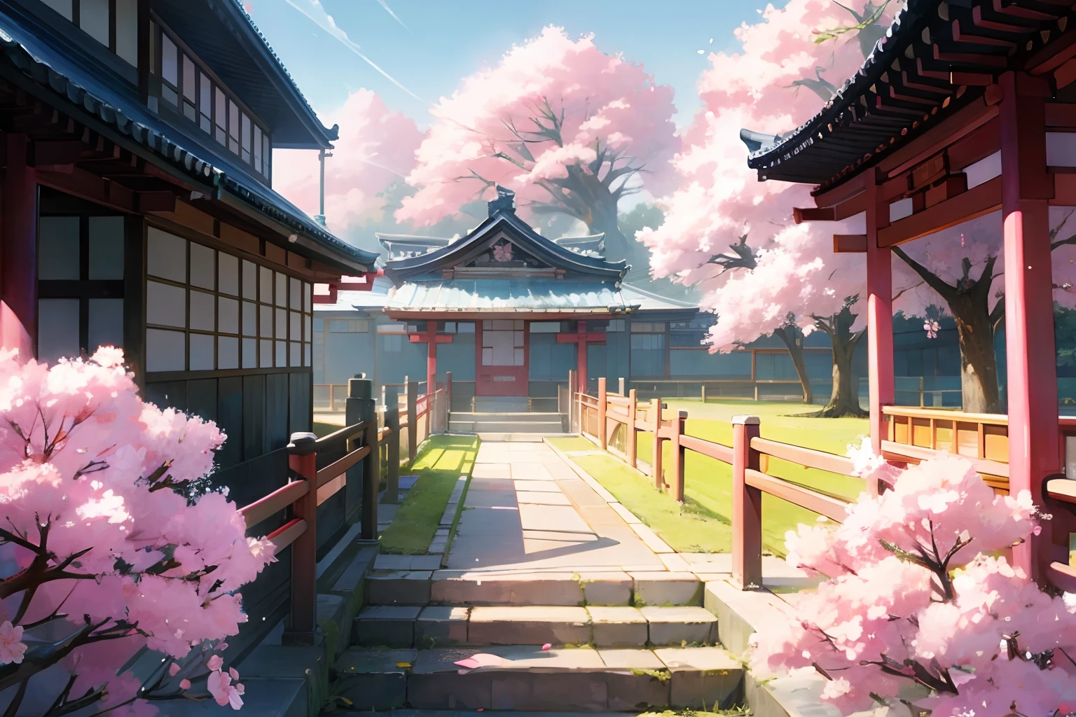 A Japanese school, pink, flowers, anime style