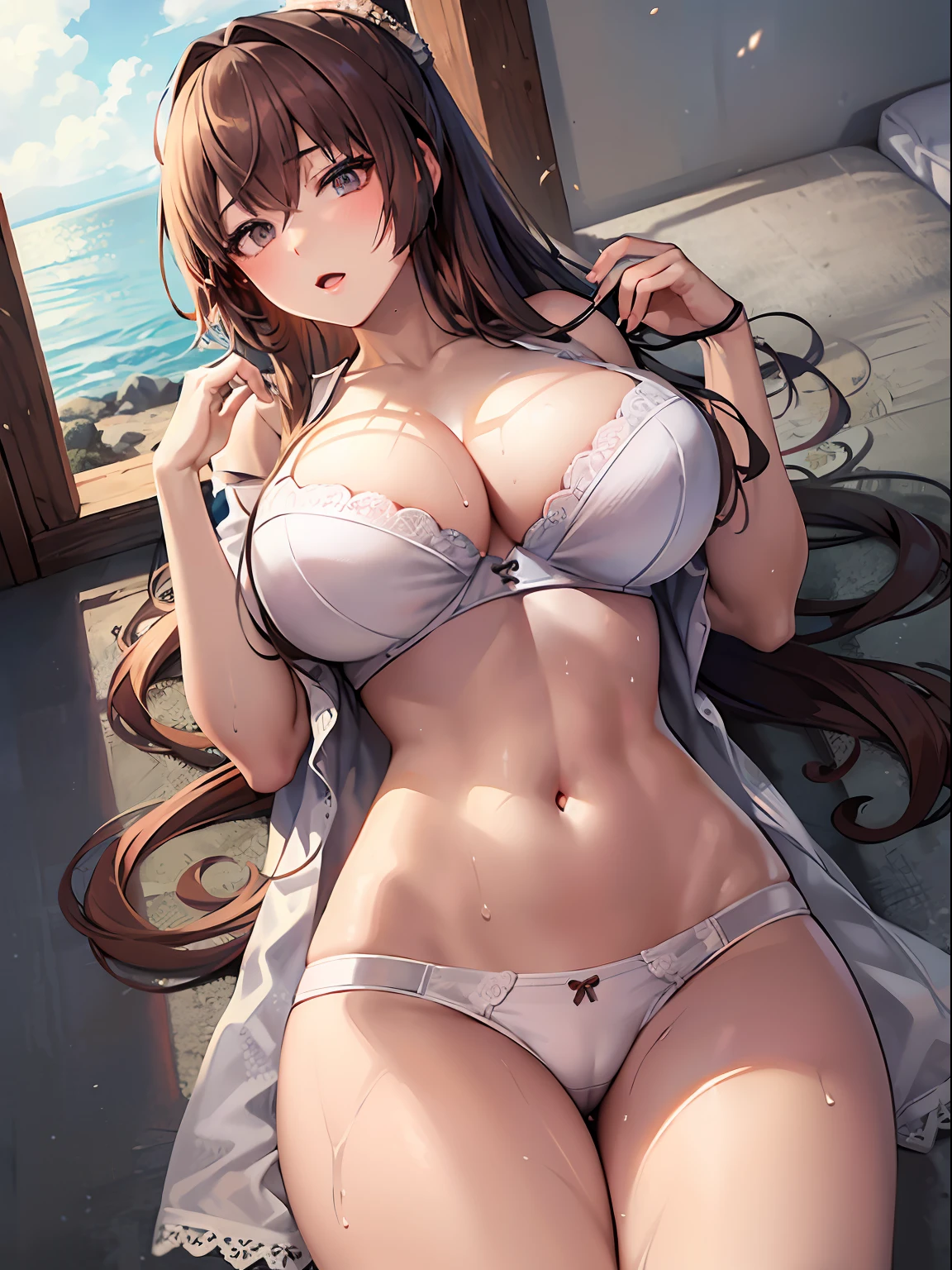(Masterpiece)), ((Best quality)), (Ultra-detailed), ((kawaii)), Cute, (Lovely), ((Extremely detailed)), 4K, (8K), Best quality, (Beautiful),(((World-class quality))), Extremely detailed, high resolution, (detailed shaded pretty face), full bodyesbian, , Solo, (((huge areolas))), (((Raised ), Spring、Sweat, Ruddy expression、White lace underwear,Water stains on panties,bare-legged、Plantar display