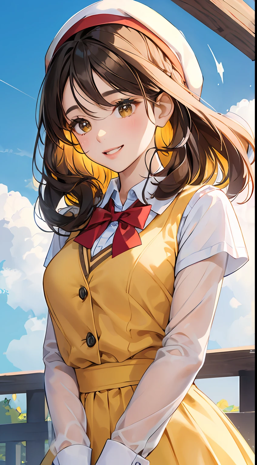 Draw a charming and authentic scene depicting a young black character dressed in a school uniform. Ela tem cabelos curtos e negros, com um toque especial: a vibrant red bow adorning her hair on the side. His brown eyes radiate calm and sweetness, combinando perfeitamente com suas bochechas levemente coradas. She wears a yellow sweater vest that stands out over her white-collared shirt. An elegant red bow tie is perfectly fitted under the collar of the shirt. His face is expertly made up, enhancing her natural beauty and her slightly pink cheeks;. A friendly and engaging gaze is directed at the observer, Creating an instant connection. Posicionada ao ar livre, She is under a blue sky full of soft clouds, criando uma atmosfera serena. His arms rest gently beside his body, adding a touch of vulnerability and cuteness to the pose. The space around him is believed to highlight his graceful presence. Ao fundo, The details of the school uniform blend harmoniously with his captivating expression. The yellow vest adds a touch of color and personality to your appearance. His cheerful expression and warm gaze convey a sense of closeness, as if she's ready to share a genuine moment with those who watch her.