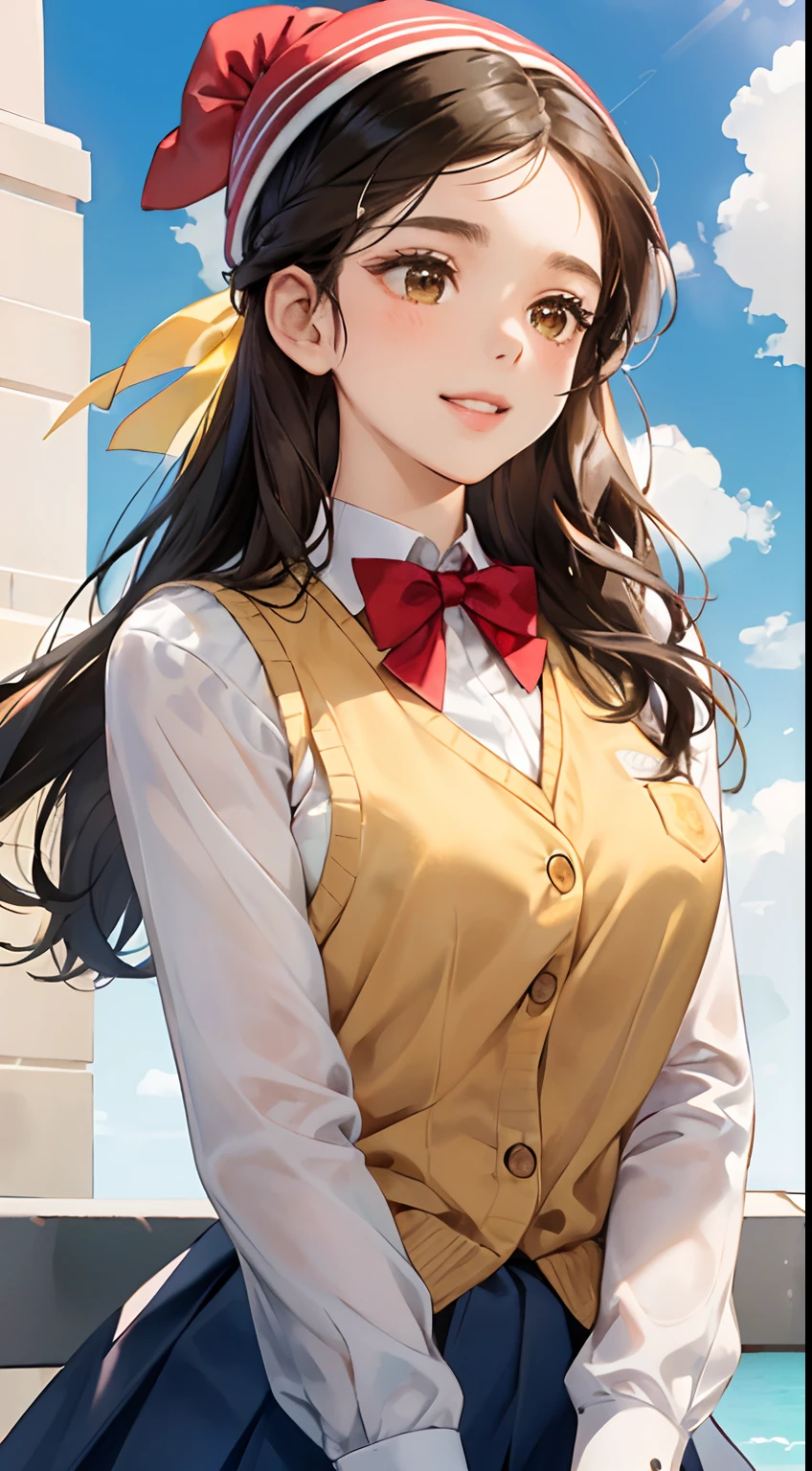 Draw a charming and authentic scene depicting a young black character dressed in a school uniform. Ela tem cabelos curtos e negros, com um toque especial: a vibrant red bow adorning her hair on the side. His brown eyes radiate calm and sweetness, combinando perfeitamente com suas bochechas levemente coradas. She wears a yellow sweater vest that stands out over her white-collared shirt. An elegant red bow tie is perfectly fitted under the collar of the shirt. His face is expertly made up, enhancing her natural beauty and her slightly pink cheeks;. A friendly and engaging gaze is directed at the observer, Creating an instant connection. Posicionada ao ar livre, She is under a blue sky full of soft clouds, criando uma atmosfera serena. His arms rest gently beside his body, adding a touch of vulnerability and cuteness to the pose. The space around him is believed to highlight his graceful presence. Ao fundo, The details of the school uniform blend harmoniously with his captivating expression. The yellow vest adds a touch of color and personality to your appearance. His cheerful expression and warm gaze convey a sense of closeness, as if she's ready to share a genuine moment with those who watch her.