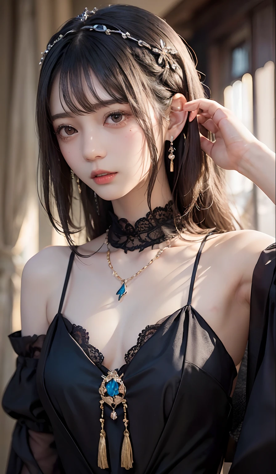 ((top-quality、​masterpiece:1.3))、sharp:1.2、Perfect Body Beauty:1.1)、Highly detailed facial and skin texture、Detailed eye、Fantasia、(Pure black dress:1.3)、(chains:1.3)、二重まぶた、((Longhaire:1.5))、(dark brown  hair)、(well-groomed bangs:1.2)、((One Woman))、fantasy castle、tying  hair、Black Princess、darkened room、Darkness Falls、The Princess Who Turned Evil、Fallen into evil、Evil Princess、a necklace、Luxurious ornaments、