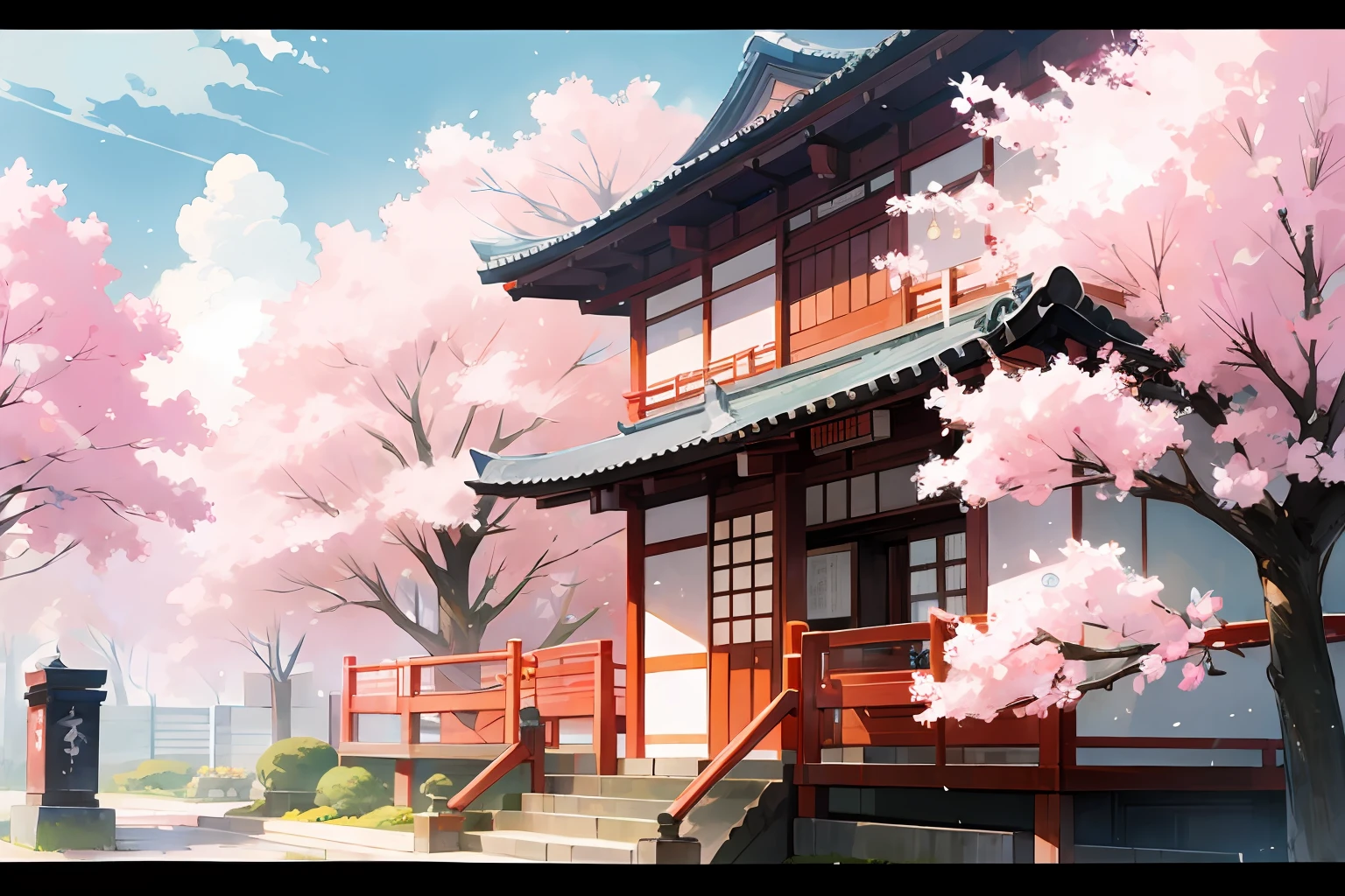 A Japanese school, pink, anime style