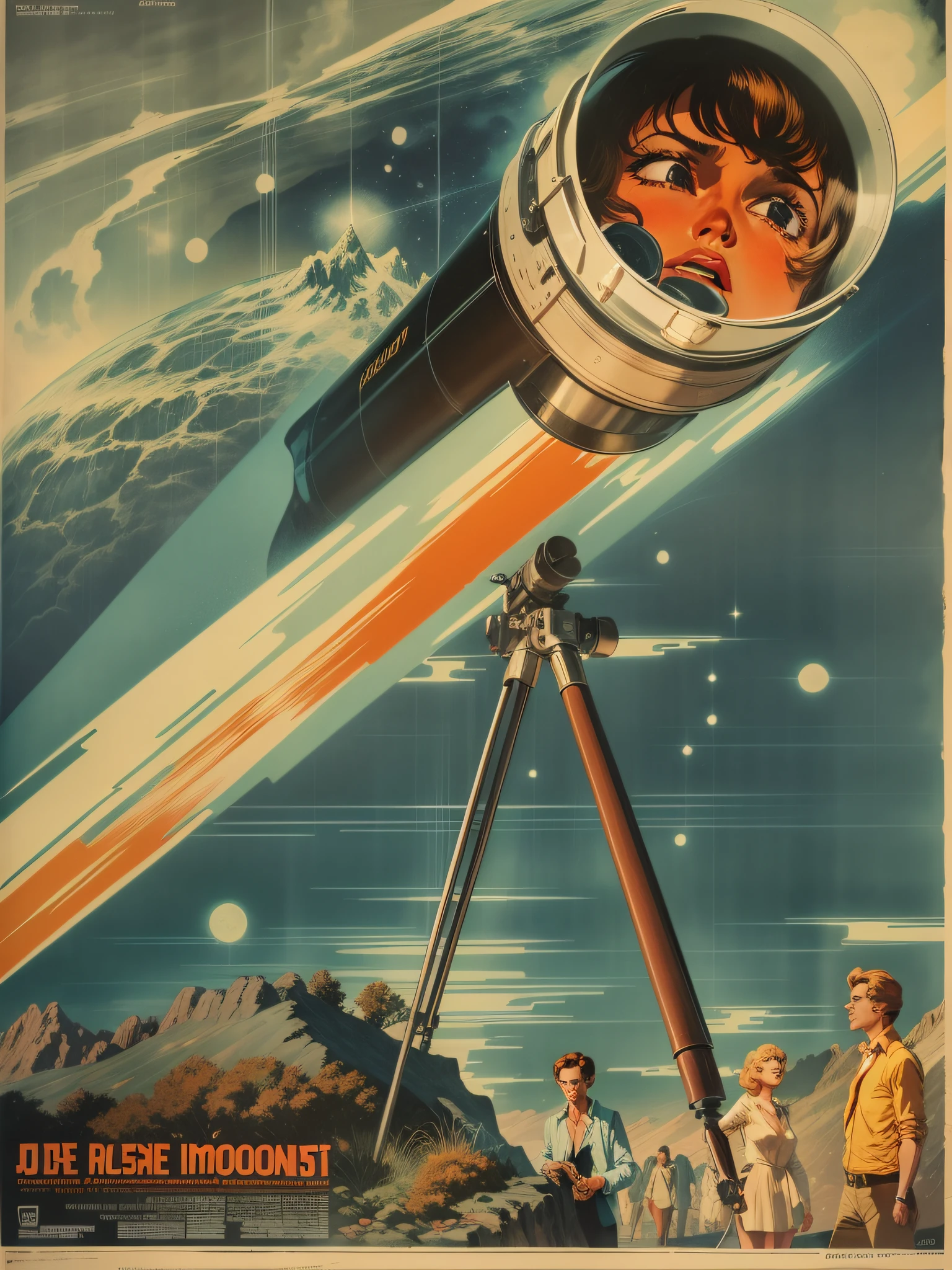 a closeup of a poster with a telescope, Direction: Antoine Ignace Melling, vintage poster, Direction: André Beauneveu, French film poster from the 60s, French film poster from the 60s, under the full moon, (French comics) , Directed by: Jean Hélion, 6 0 s French film poster, illustrated poster