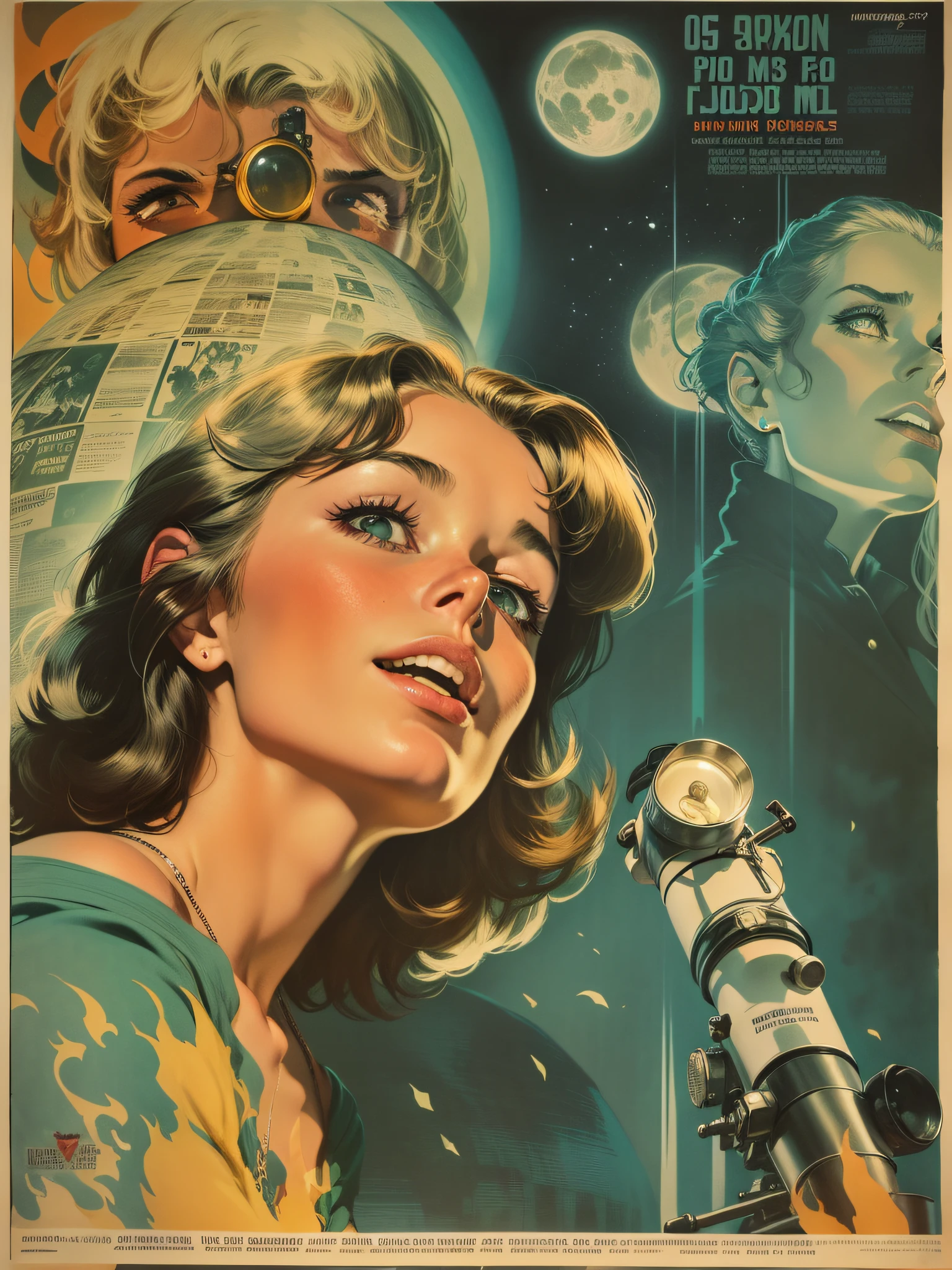 a closeup of a poster with a telescope, Direction: Antoine Ignace Melling, vintage poster, Direction: André Beauneveu, French film poster from the 60s, French film poster from the 60s, under the full moon, (French comics) , Directed by: Jean Hélion, 6 0 s French film poster, illustrated poster