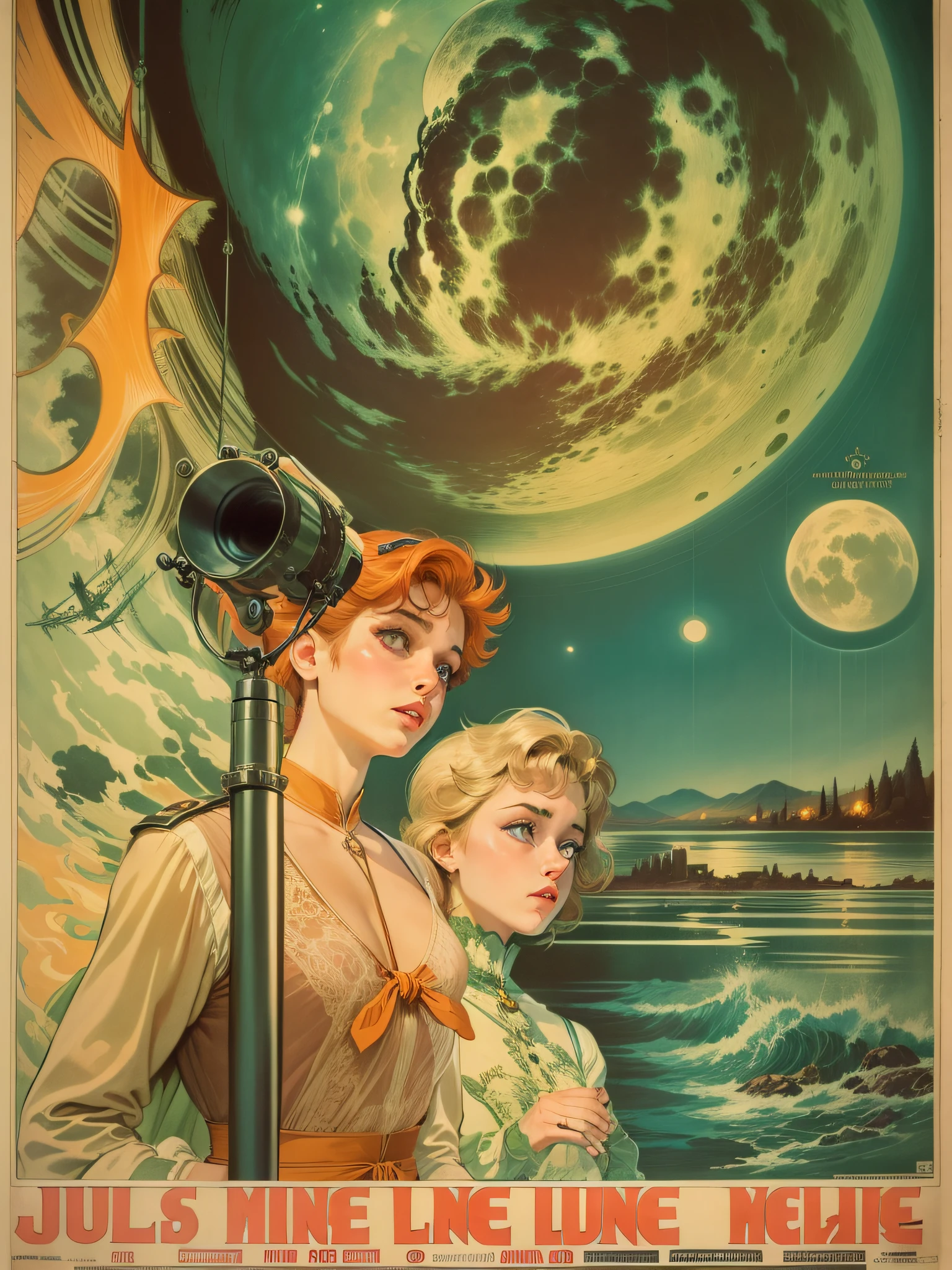 a close up of a poster with a telescope on it, a poster by Antoine Ignace Melling, tumblr, art nouveau, poster vintage, 60's french movie poster, 6 0's french movie poster, sous la pleine lune, (French comics), 6 0 s french movie poster, illustrated poster, vintage film poster, jules verne