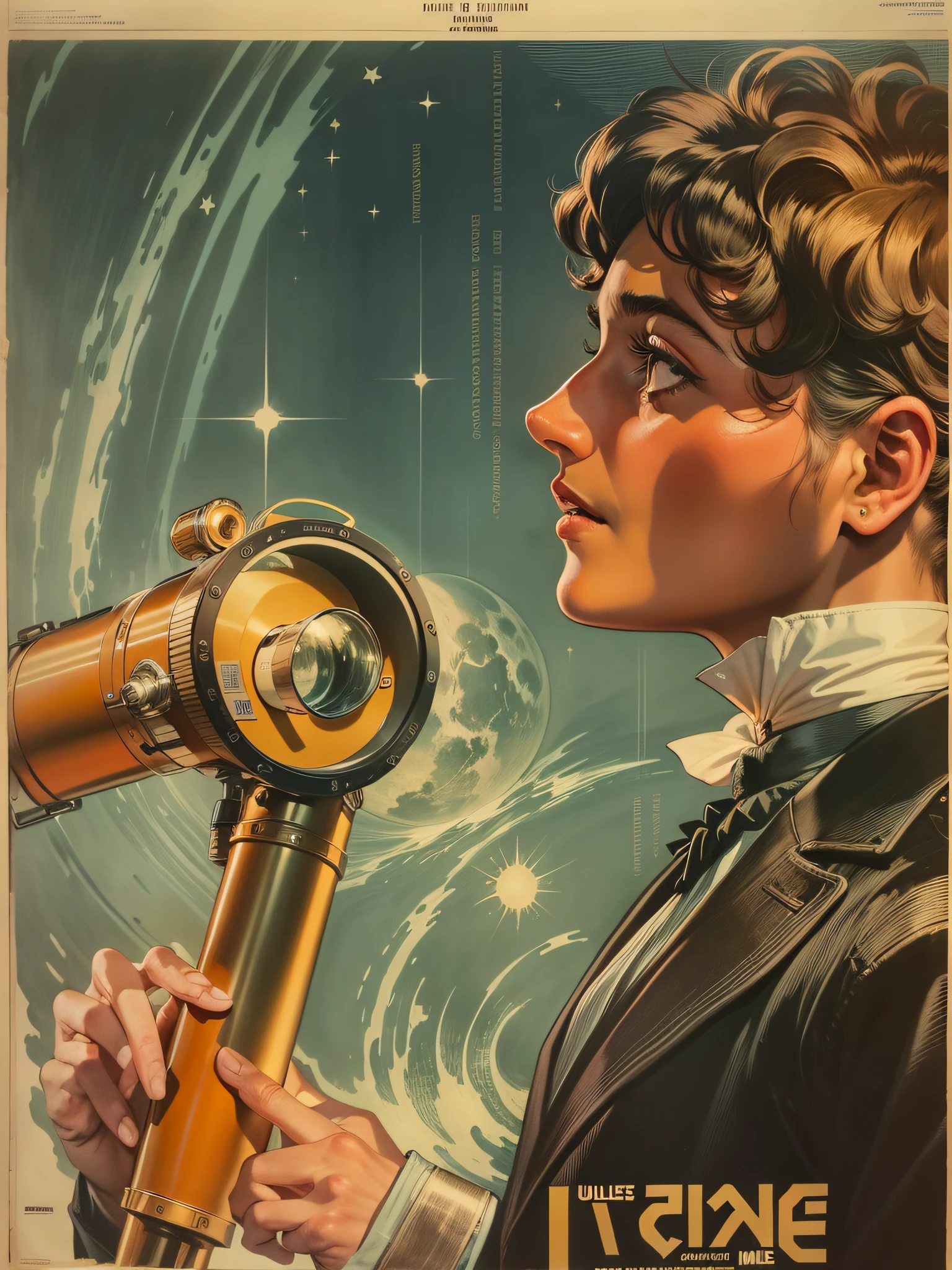 a close up of a poster with a telescope on it, a poster by Antoine Ignace Melling, tumblr, art nouveau, poster vintage, 60's french movie poster, 6 0's french movie poster, sous la pleine lune, (French comics), 6 0 s french movie poster, illustrated poster, vintage film poster, jules verne
