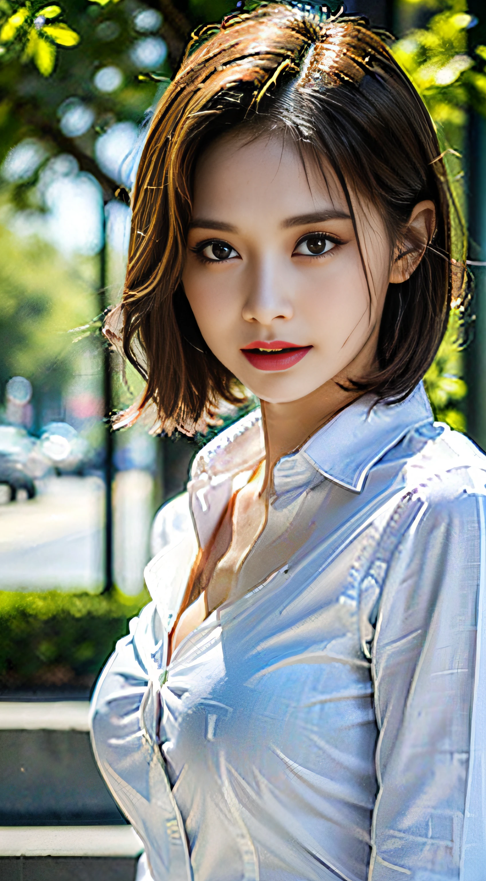 ((Best quality, 8k, Masterpiece :1.3)), Sharp focus :1.2, A pretty woman with perfect figure :1.4, Slender abs :1.2, ((Layered haircut, Big breasts :1.2)), (Wet white button up long shirt :1.1), (Rain, Street:1.2), Wet body :1.5, Highly detailed face and skin texture, Detailed eyes, Double eyelid
