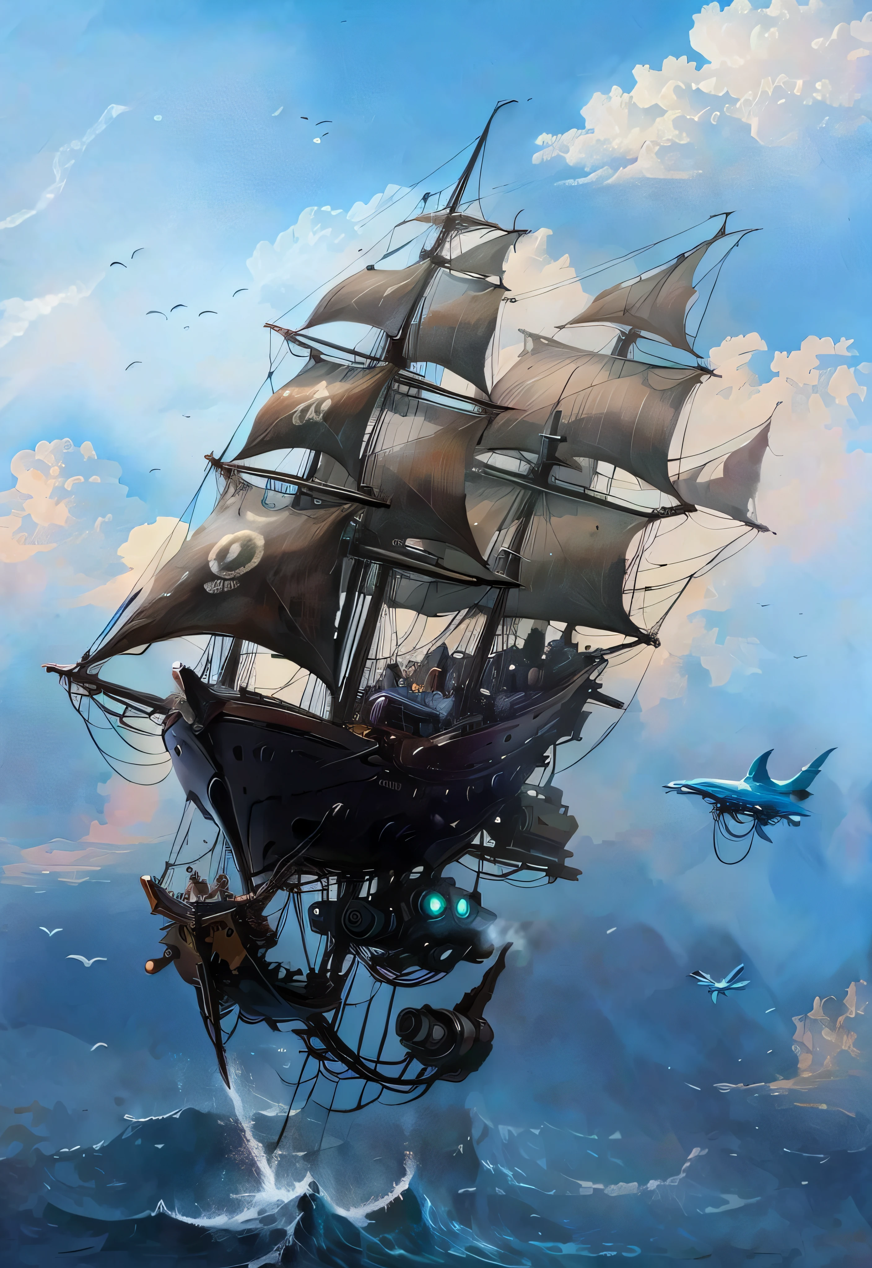 Super Velero con muchas velas volando entre nubes iridiscentes y gaviotas, Further down the emerald blue sea very frizzy with huge threatening waves trying to catch the ship