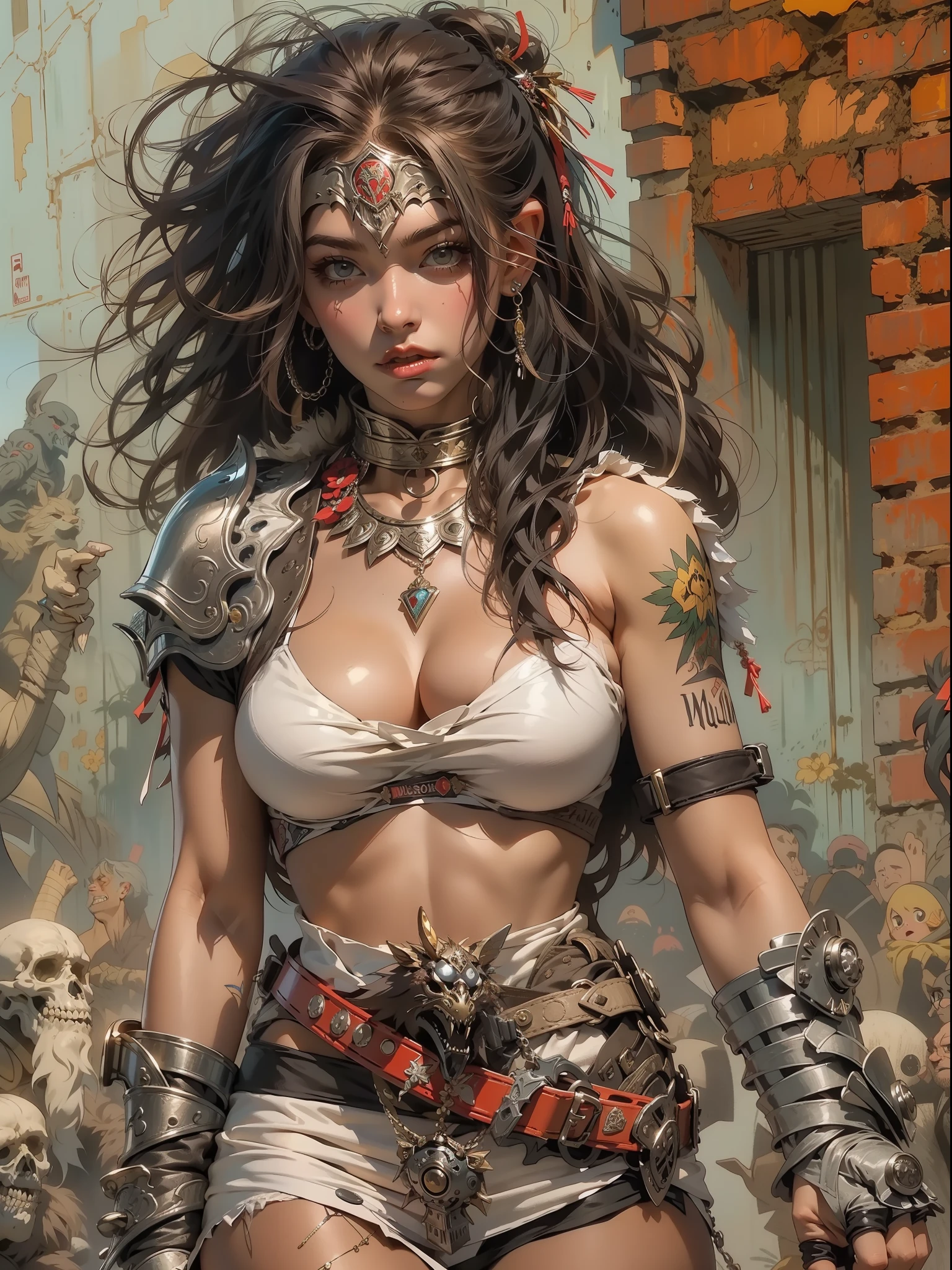 (((mulher))), (((melhor qualidade))), (((obra prima))), (((adulta))), Uma guerreira mulher de 35 anos com corpo perfeito, Brooklyn Gladiators, (( under boobs )), quase nua no estilo selvagem urbano de Simon Bisley para a capa da revista Heavy Metal, cabelo loiro, Minimum clothing, red and white checkered pattern, armadura, cheio de pontas e rebites, tatuagem tribal, (((do joelho pra cima))), cabelo desalinhado