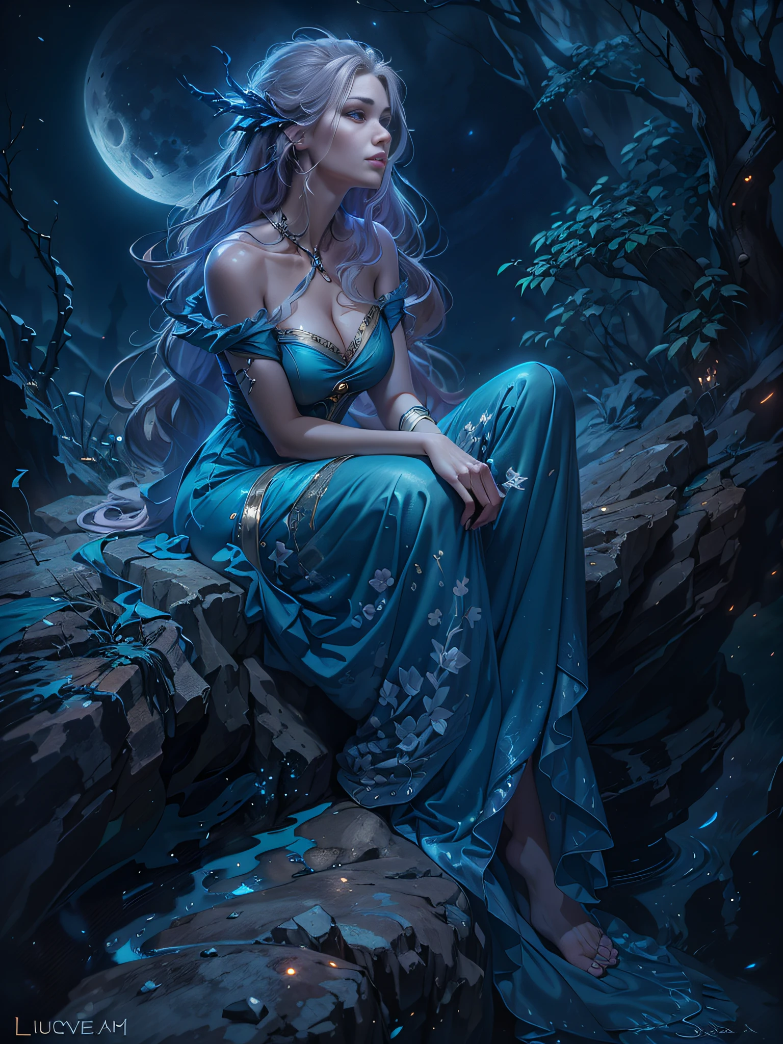 arafed woman in a blue dress sitting on a rock, Lucian, lunar goddess, karol bak uhd, portrait of a norse moon goddess, moonlit night dreamy atmosphere, Fantasy Woman, Goddess of the moon, dream magical、aethereal、darkly, Ethereal beauty, lunar goddess, Beautiful Rapunzel, beautiful fantasy maiden, dreamy night