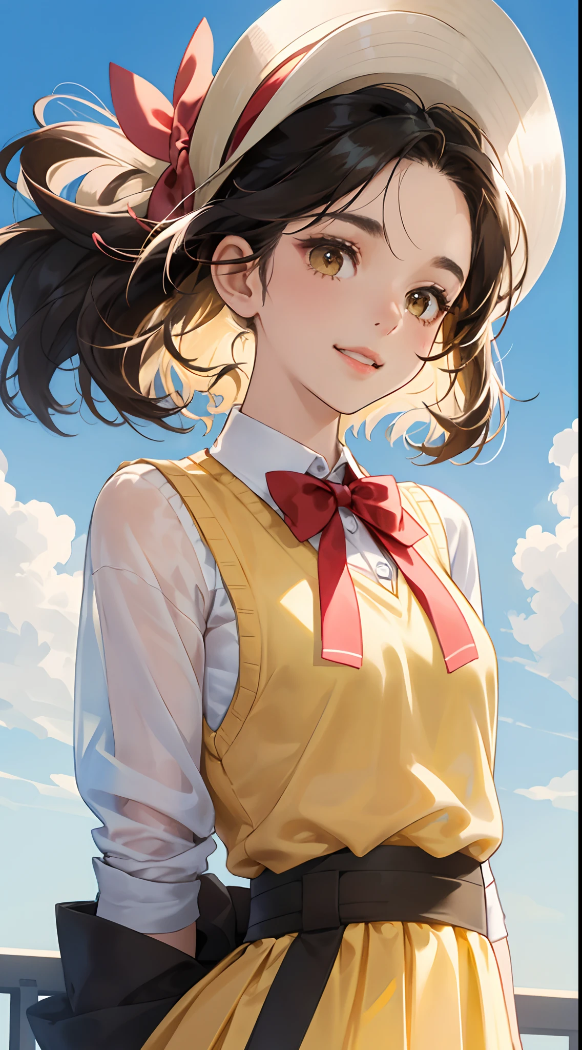 Draw a charming and authentic scene depicting a young black character dressed in a school uniform. Ela tem cabelos curtos e negros, com um toque especial: a vibrant red bow adorning her hair on the side. His brown eyes radiate calm and sweetness, combinando perfeitamente com suas bochechas levemente coradas. She wears a yellow sweater vest that stands out over the white collared shirt. An elegant red bow tie is perfectly fitted under the collar of the shirt. His face is expertly made up, enhancing her natural beauty and her slightly pink cheeks. A friendly and engaging gaze is directed at the observer, Creating an instant connection. Posicionada ao ar livre, She is under a blue sky filled with soft clouds, criando uma atmosfera serena. His arms rest gently beside his body, adding a touch of vulnerability and cuteness to the pose. The space around her is thought to highlight her graceful presence. Ao fundo, The details of the school uniform blend harmoniously with his captivating expression. The yellow vest adds a touch of color and personality to your appearance. His cheerful expression and warm gaze convey a sense of closeness, as if she's ready to share a genuine moment with those watching her.