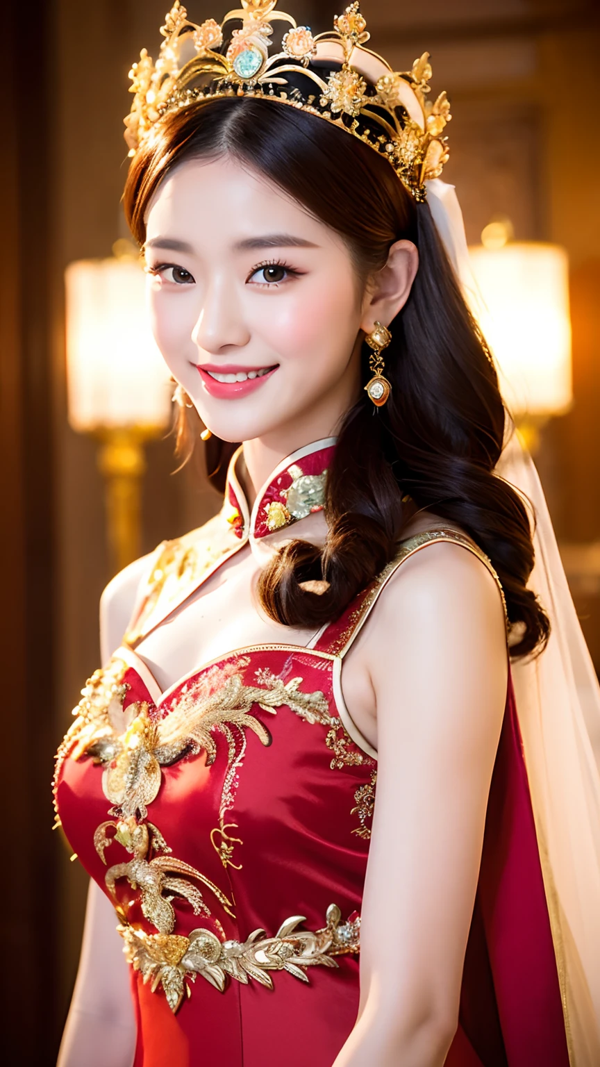 (8k, RAW Photo, Best Quality, Masterpiece: 1.2), (Realistic, Realistic: 1.37), 1 Girl, Aalfite Woman Posing for Photo in Red Dress and Headdress, Gorgeous Role Play, Beautiful Costume, Intricate Fantasy Dress, Beautiful Fantasy Queen, Chinese Dress, Complex Dress, Complex Costume, Traditional Beauty, Gorgeous Chinese Model, Chinese Costume, Wearing Gorgeous Costume, Wearing Elegant Chinese Xiuhe Dress, Chinese Wedding Dress, Phoenix Crown Xia Hanging, Antique Bride, Xiuhe Dress, Close-up, close-up, head wearing a phoenix crown, smiling