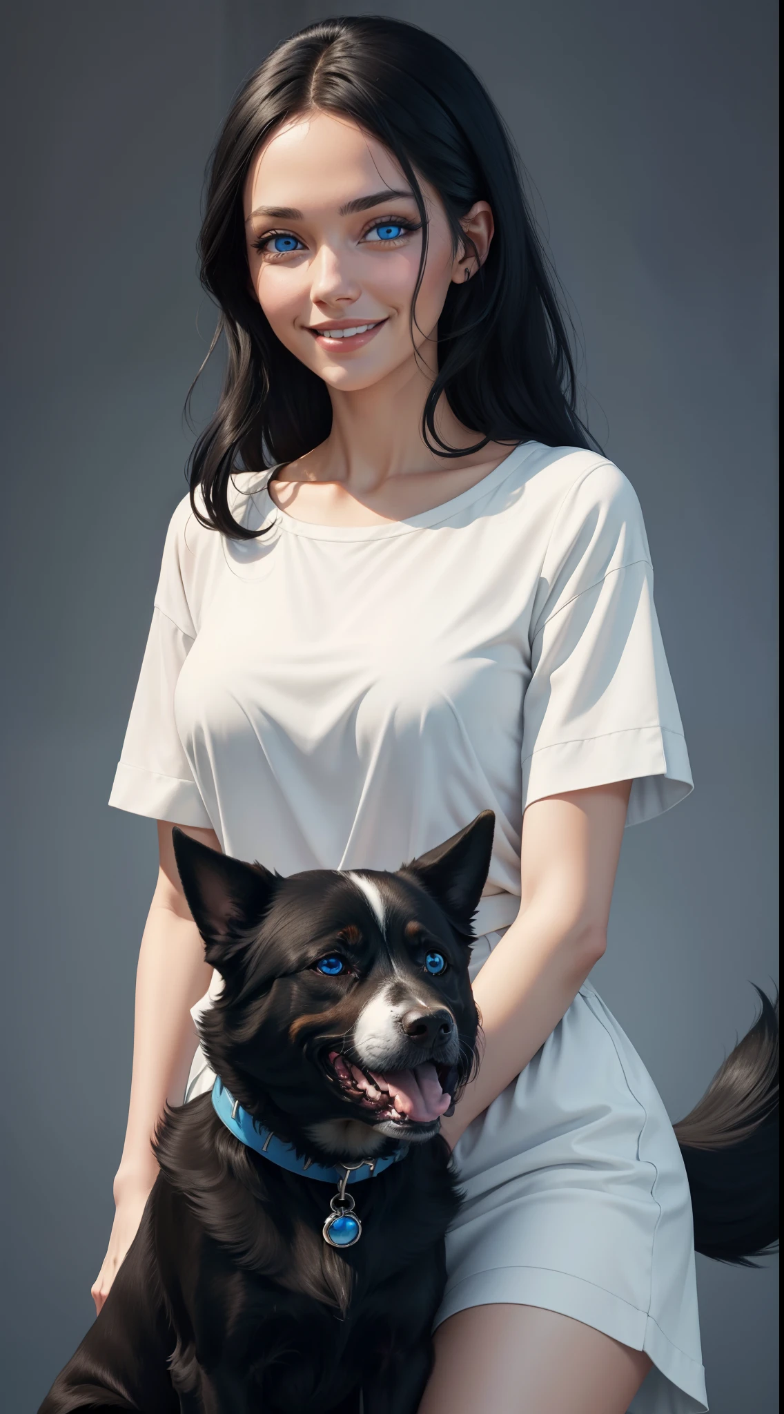 Woman with blue eyes, black hair, with dog in hand, smiling, colored background