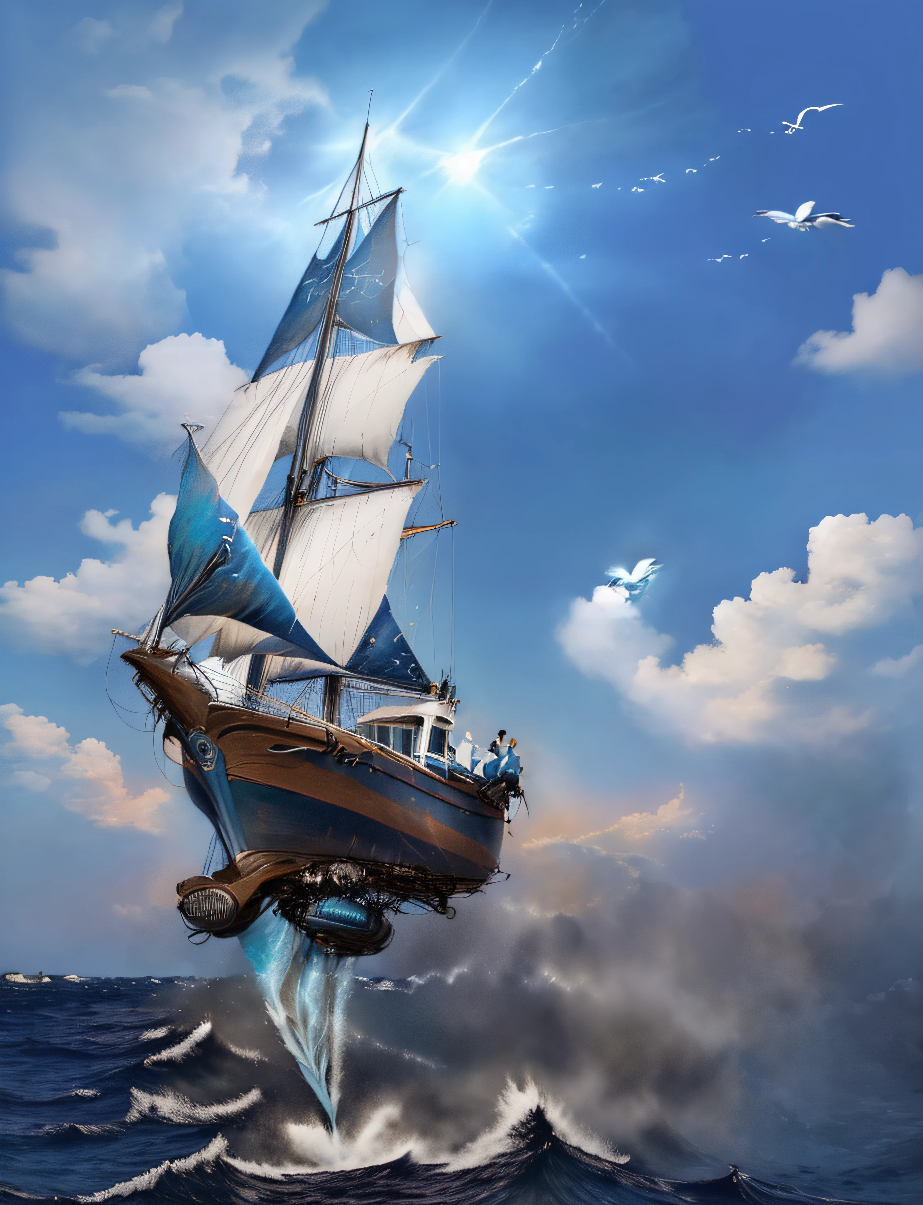 Super Velero azul con muchas velas volando entre las nubes iridiscentes y gaviotas, abajo el mar de color azul esmeralda muy encrespado con enormes olas amenazantes que intentan atrapar el barco