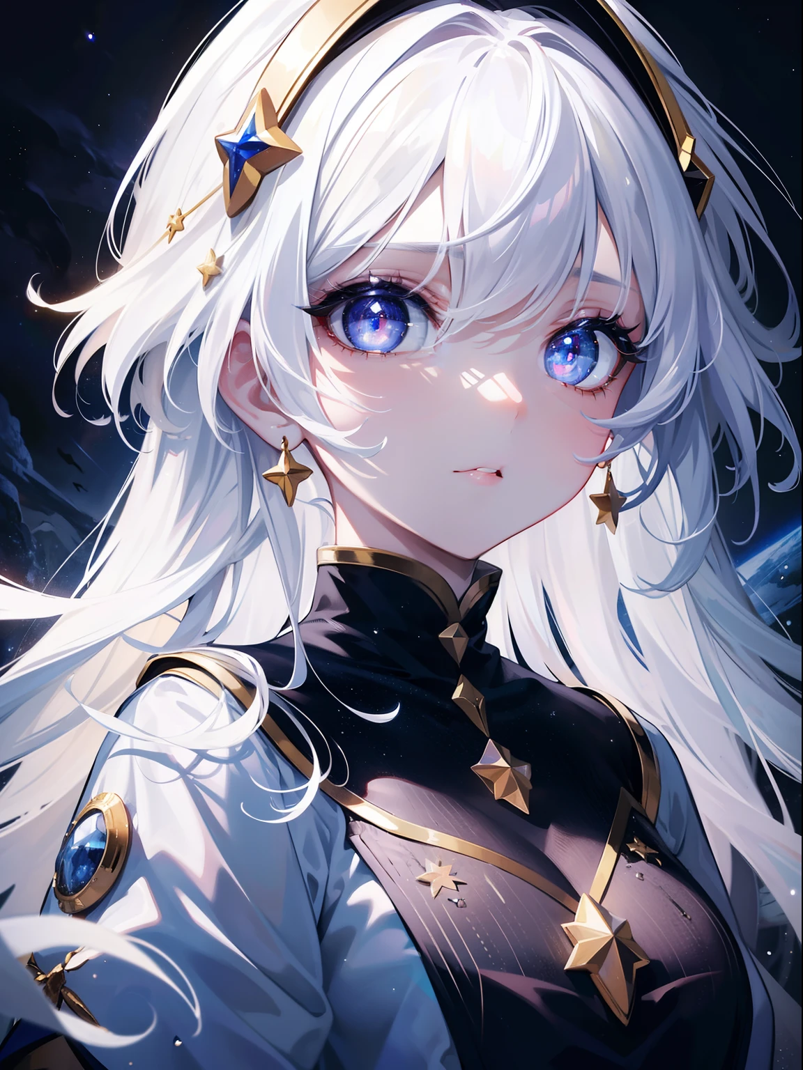 (Masterpiece, Best Quality, Ultra High Resolution),1girl,white hair, cosmic eyes, star-shaped pupils, beautiful and detailed face, detailed eyes,on the moon,starry sky