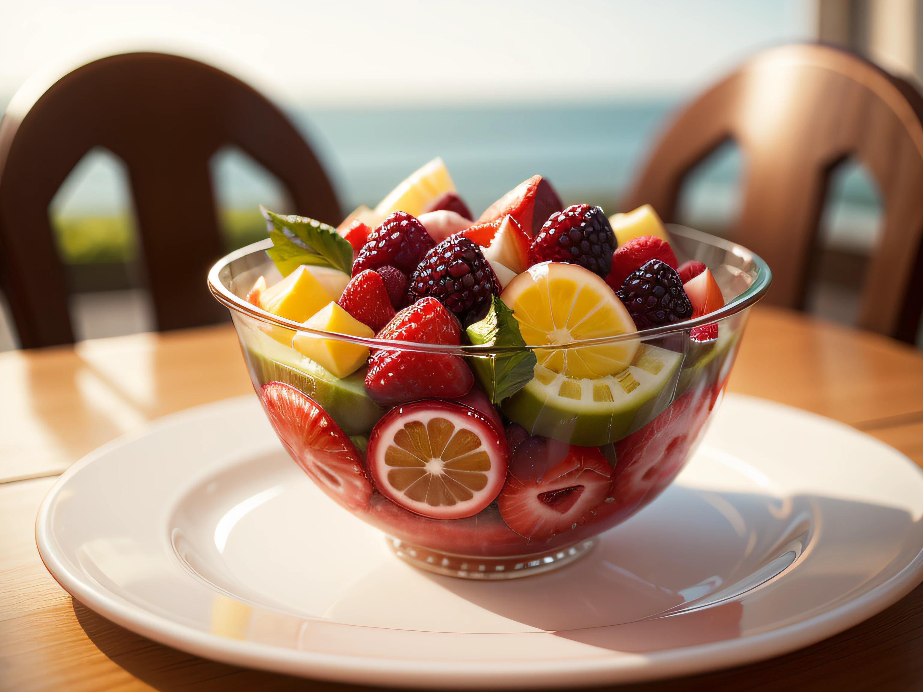 Summer fruit salad、Fashionable tableware、No humans、on table、depth of fields、(blurry backround))、 masterpiece、top-quality、The ultra-detailliert