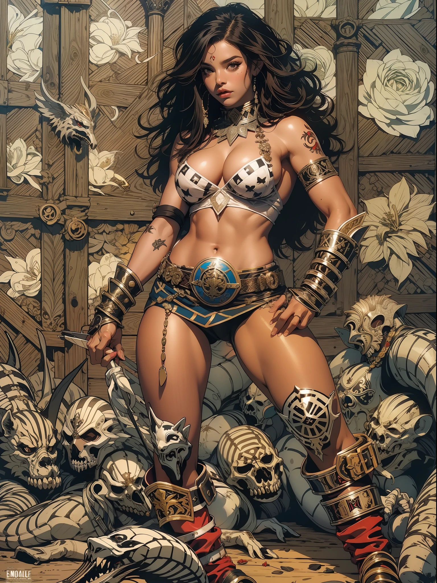 (((mulher))), (((melhor qualidade))), (((obra prima))), (((adulta))), Uma guerreira mulher loira de 35 anos com corpo perfeito, Brooklyn Gladiators, (( under boobs )), quase nua no estilo selvagem urbano de Simon Bisley para a capa da revista Heavy Metal, cabelo loiro, Minimum clothing, red and white checkered pattern, armadura, cheio de pontas e rebites, tatuagem tribal, (((do joelho pra cima))), cabelo desalinhado, Nike