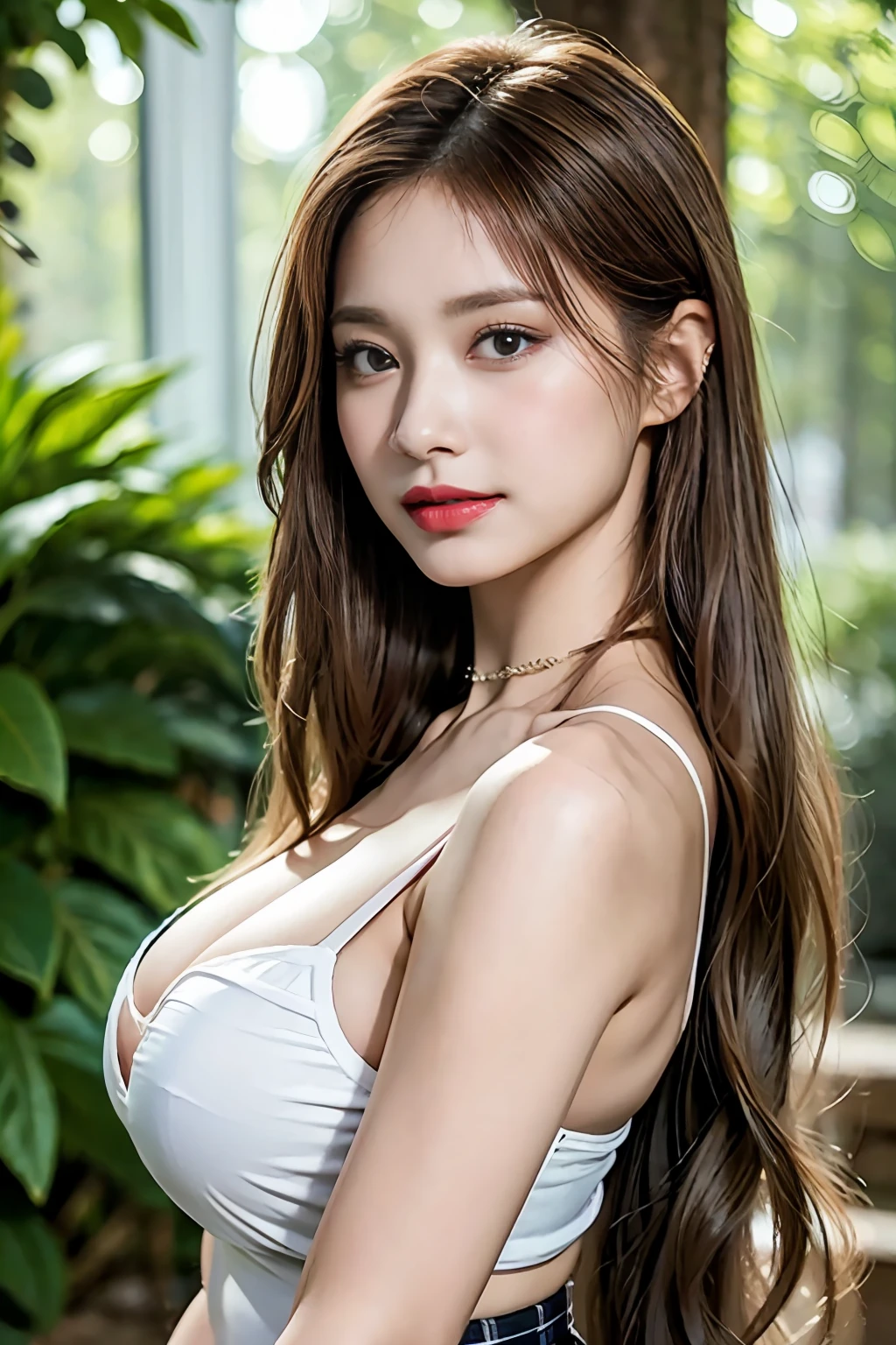 nsfw, 8K raw photo, Best quality, masterpiece, ultra high res, film grain, filmg, 1girl, looking at viewer, natural skin texture, realistic eye and face details, full lips, lipstick, (makeup), red eyeshadow, fluffy short hair, messy hair, smile, close mouth, beautiful legs, tall female, skinny, slim_legs, solo, enormous breasts, cleavage, Pose with buttocks facing you, ultra short skirt, ass, shirt, chocker, beautiful nature location, around flower location, (detailed background), plaid skirt, white shirt, enormous breast, cleavage, Show a little cleavage through the shirt, loafers, blurry background, blurry, holding, plaid, short sleeves, jk ribbon on the neck, jk ribbon, brown hair, bracelet, water, bangs, school uniform, jewelry, parted lips, lips, from side, pleated skirt, depth of field