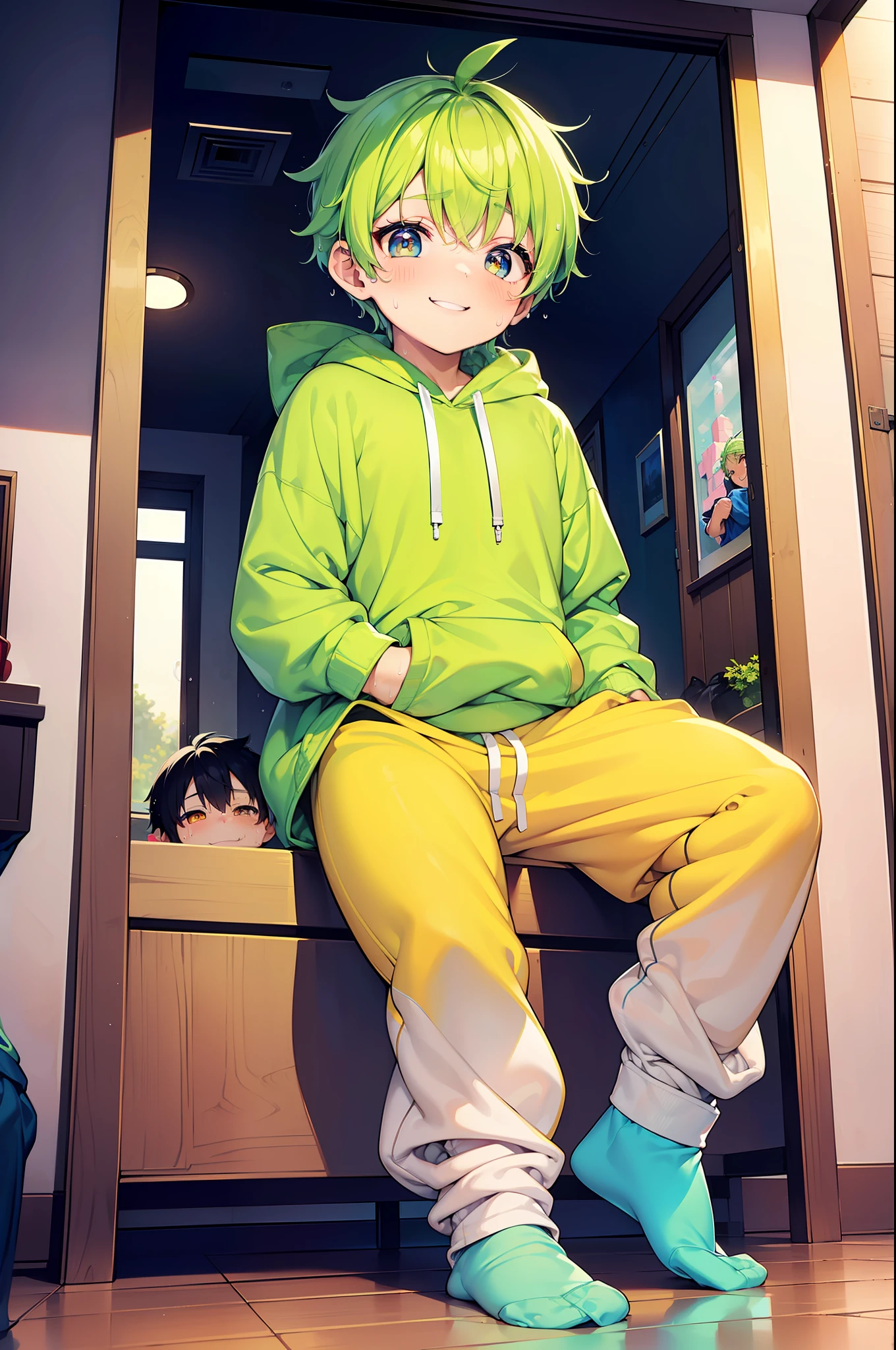 Masterpiece, chubby  boy with green hair and shiny bright orange colored eyes and small socks wearing a hoodie, and oversized sweatpants sitting in a his room, raining outside window, young, boy, child,l, toddsoft lit, (sweatpants:1.4), (undersized socks:1.4), (Boy:1.4), (Shota:1.4), (Young:1.4), (Male:1.4), (smiling:1.4), (foot:1.4), (shy:1.4), (pastel:1.0), (colors:1.0), (cute colors:1.0), (divine:1.0),