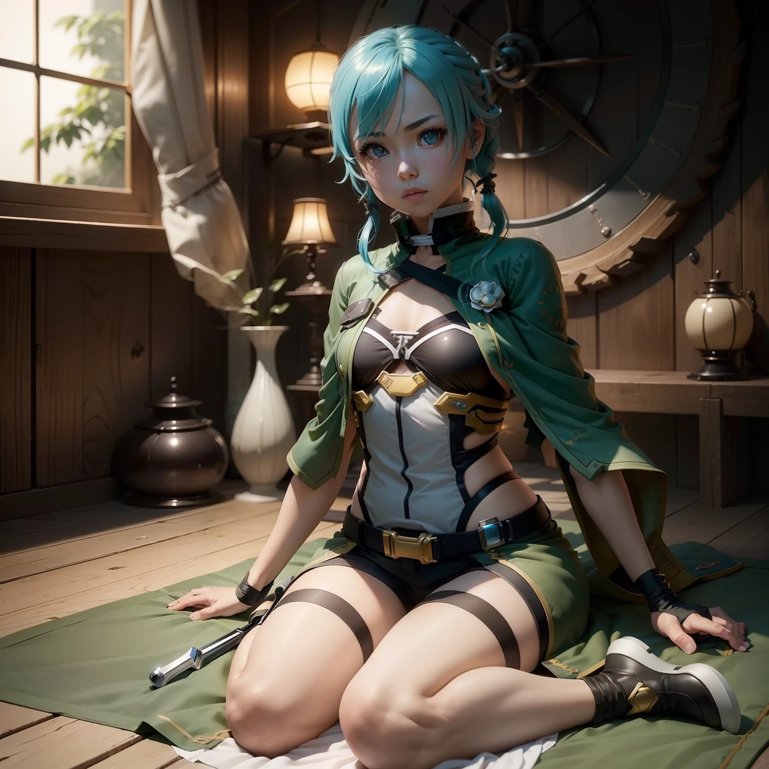 (garota hiper realista:1.2), ((Asada Shino)), (Shinon), (S A O), (Arte de Espada Online), corpo inteiro, single body, sitting on ground, rosto bonito, (coxas internas expostas), joelhos dobrados, (cabelo curto), (shorts curto), Quarto feminino, ((Modern Japanese Room)), Hiper realista, cinematic lighthing, ((octan render)), ray tracing