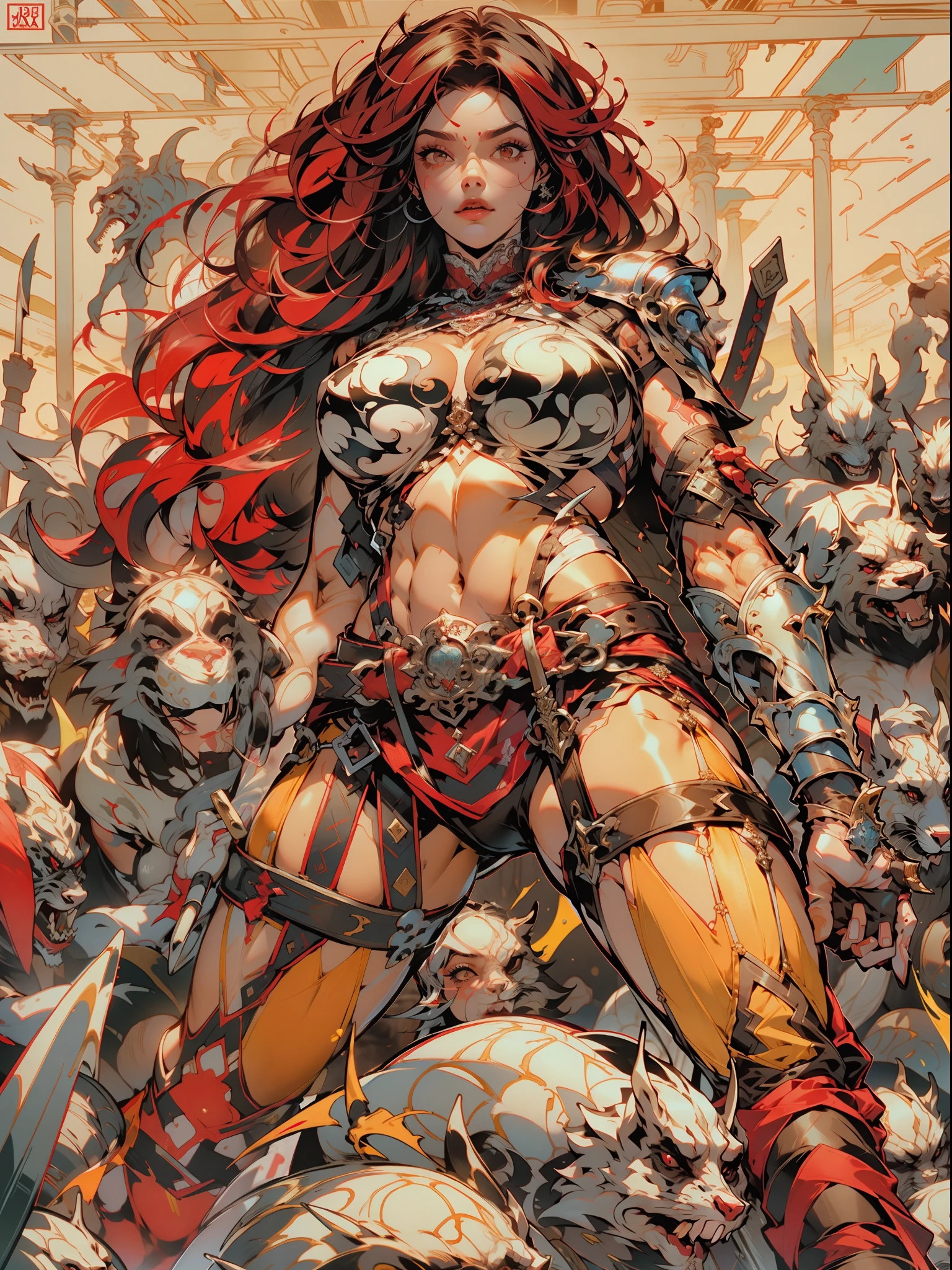 (((mulher))), (((melhor qualidade))), (((obra prima))), (((adulta))), Uma guerreira mulher loira de 35 anos com corpo perfeito, Brooklyn Gladiators, (( under boobs )), quase nua no estilo selvagem urbano de Simon Bisley para a capa da revista Heavy Metal, cabelo loiro, Minimum clothing, red and white checkered pattern, armadura, cheio de pontas e rebites, tatuagem tribal, (((do joelho pra cima))), cabelo desalinhado