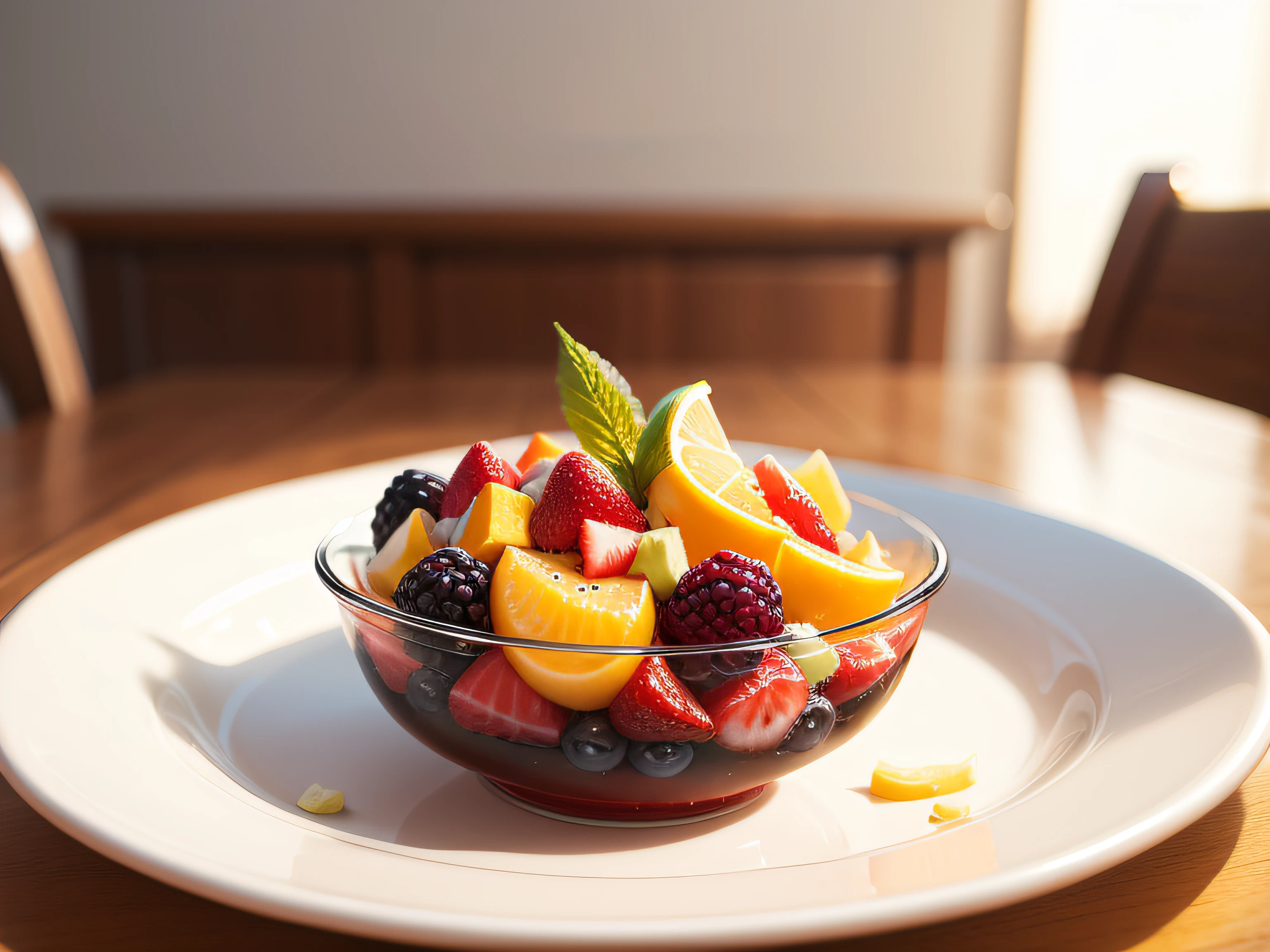 Summer fruit salad、Fashionable tableware、No humans、on table、depth of fields、(blurry backround))、 masterpiece、top-quality、The ultra-detailliert