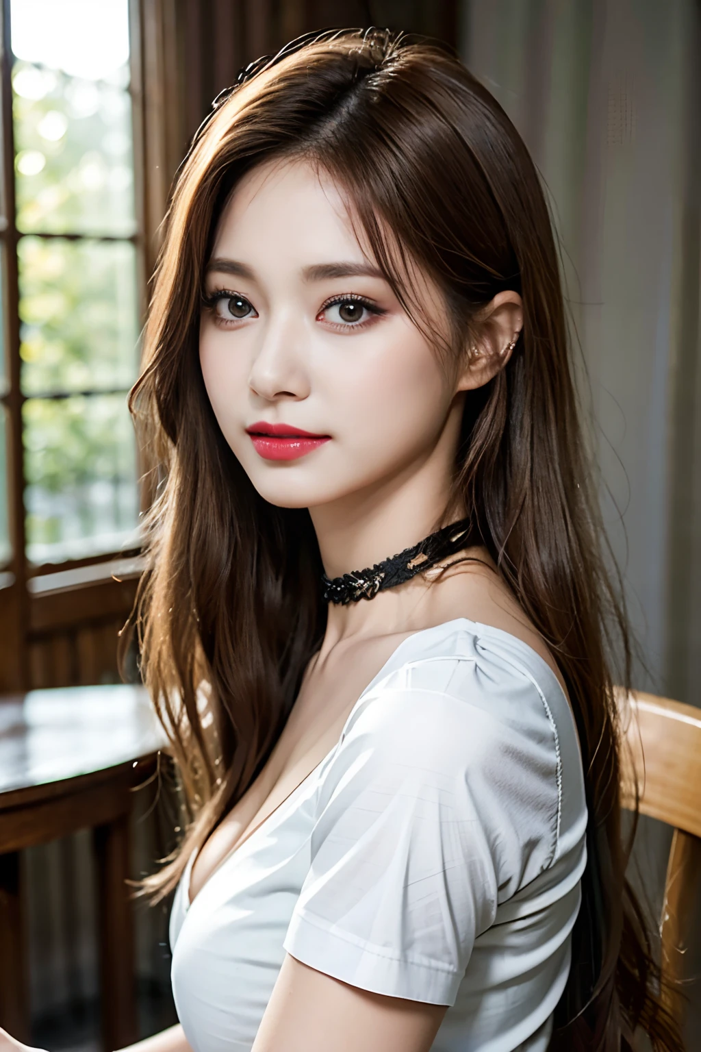 nsfw, 8K raw photo, Best quality, masterpiece, ultra high res, film grain, filmg, 1girl, looking at viewer, natural skin texture, realistic eye and face details, full lips, lipstick, (makeup), red eyeshadow, fluffy short hair, messy hair, smile, close mouth, beautiful legs, tall female, skinny, slim_legs, solo, enormous breasts, cleavage, Pose with buttocks facing you, ultra short skirt, ass, shirt, chocker, beautiful nature location, around flower location, (detailed background), plaid skirt, white shirt, enormous breast, cleavage, Show a little cleavage through the shirt, loafers, blurry background, blurry, holding, plaid, short sleeves, jk ribbon on the neck, jk ribbon, brown hair, bracelet, water, bangs, school uniform, jewelry, parted lips, lips, from side, pleated skirt, depth of field