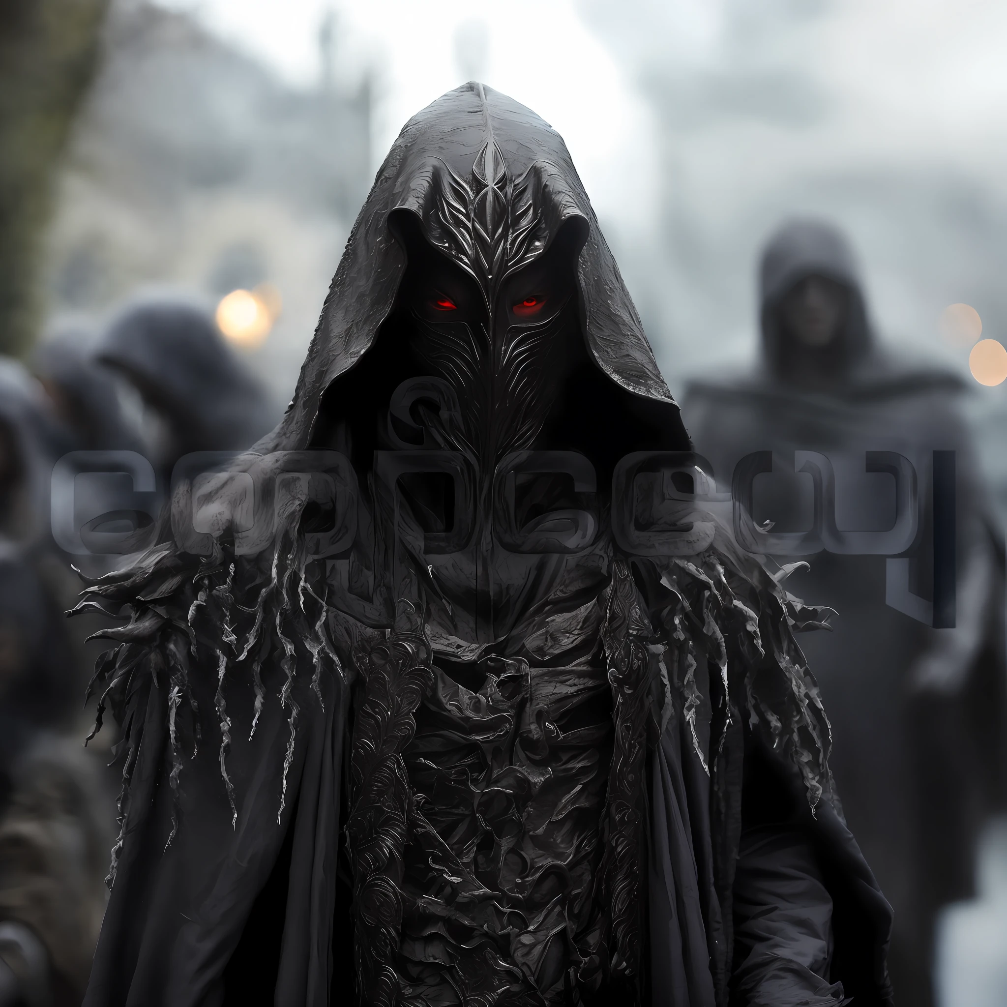 A hooded man leading a group of people, captured in a dramatic scene from a fantasy film.