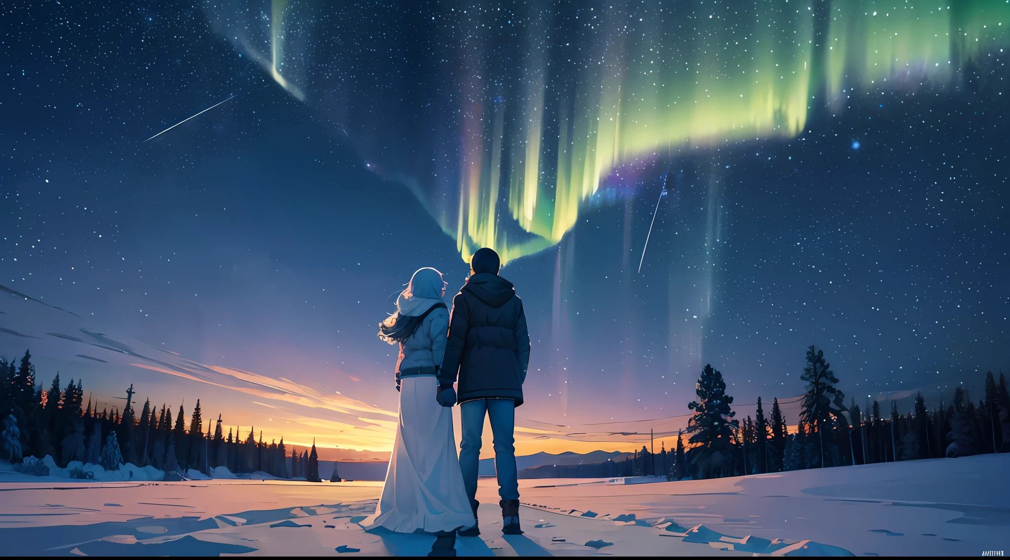 nordic,Winter after heavy snowfall,Thick snow,Silhouette of man and woman holding hands,starrysky,atarctive,((Green Northern Lights)),Stand in the snow,looking at the stars, Grove in the distance,figure silhouettes,Green Northern Lights,Shooting stars streaked across the sky,A sky full of stars,night under the starry sky, Starry Sky 8 K, night time with starry sky, looking at the stars, watching the stars at night, the sky has the milky way, with the sky full of stars, lost in the immensity of space, night sky photography, looking out into the cosmos,ultra-wide-angle,Look up at the camera,in a panoramic view,Character side