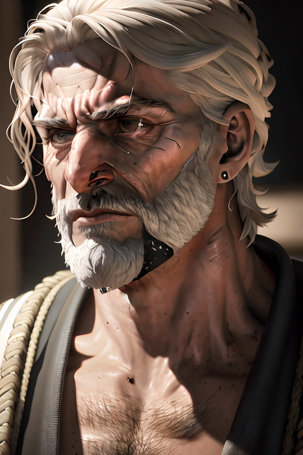 um close up de um homem com barba e camisa, Personagem altamente detalhado, Iconic character of high detail, Personagem de close up, Cinematic realistic portrait, retrato de personagem de closeup, Personagem close up, cinematic bust portrait, inspirado no artista de personagens seniores, 8k portrait render, arte do personagem do motor irreal, Personagem pequeno. Motor Unreal 5, epic character portrait, closeup retrato de personagem. Homem ficando maluco, louco, Gritando, Grito. Estanho louco esquisito, chorando esperneando olhos pretos Black eyes Black eyes Black eyes Black eyes Black eyes Black eyes Black eyes Black eyes Black eyes